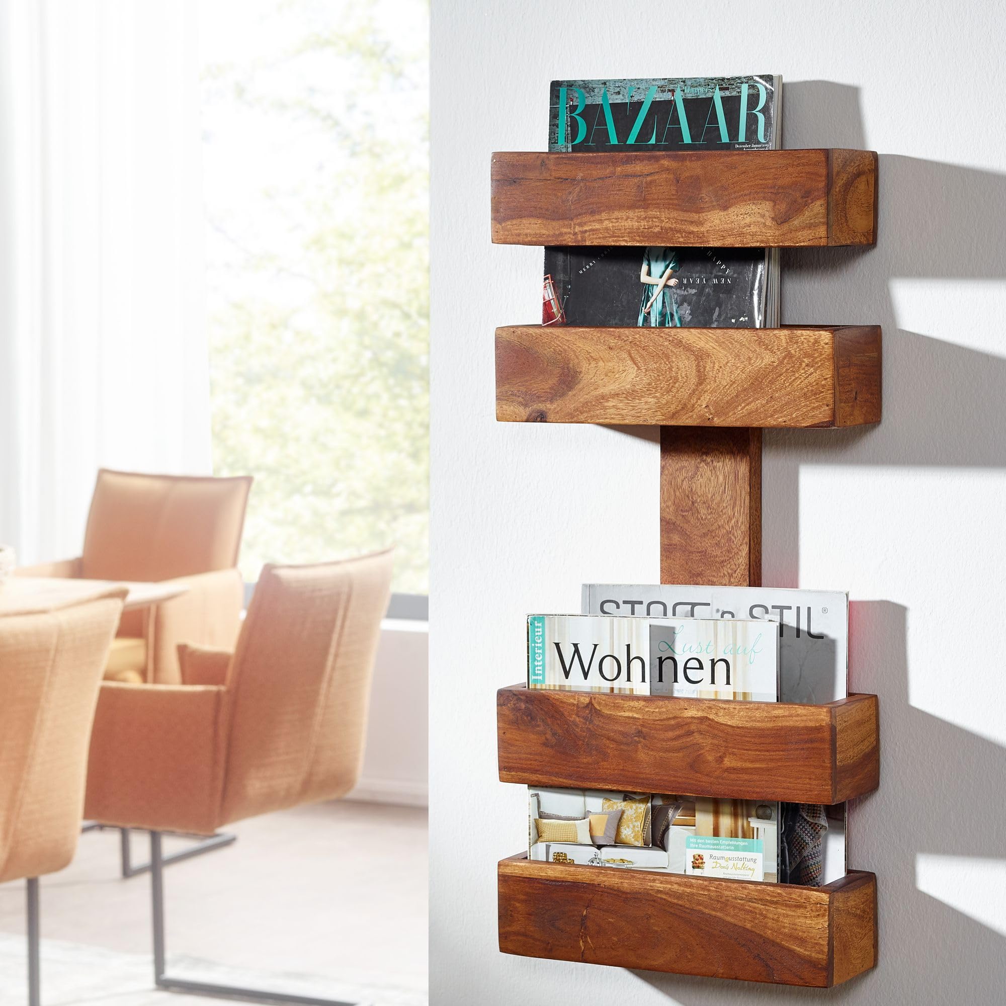 FineBuy Zeitungsständer Sheesham Massivholz 2 Ablagefächer Zeitschriftenständer Prospekthalter Landhausstil Material wählbar Braun
