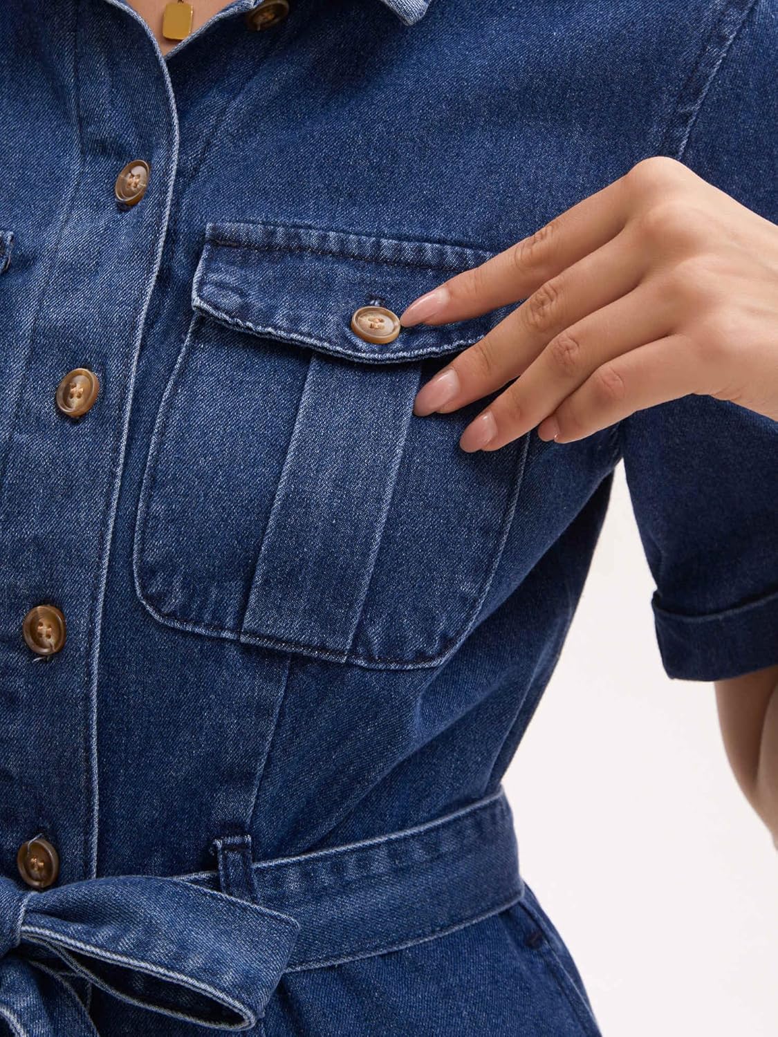 Women's Denim Dress Button Down Short Sleeve Belted Casual Jean Shirt Dresses - Image 6