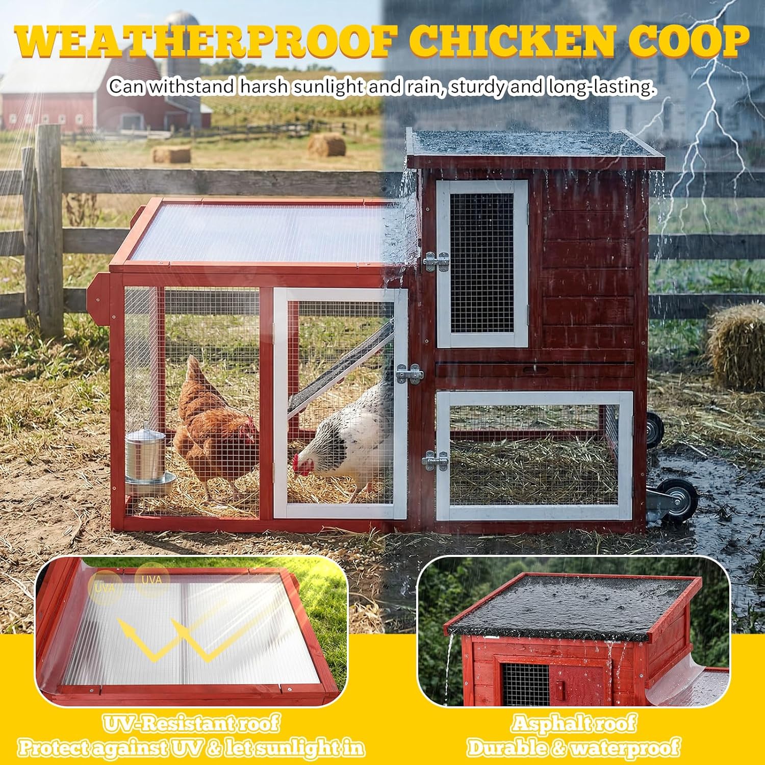 Mobile Chicken Coop with Wheels for 1–2 Chickens,Rabbit Hutch Indoor Outdoor, Small Chicken Coop Bunny Cage with Run, Waterproof Asphalt Roof & UV-Resistant Roof, Pull-Out Tray, Red