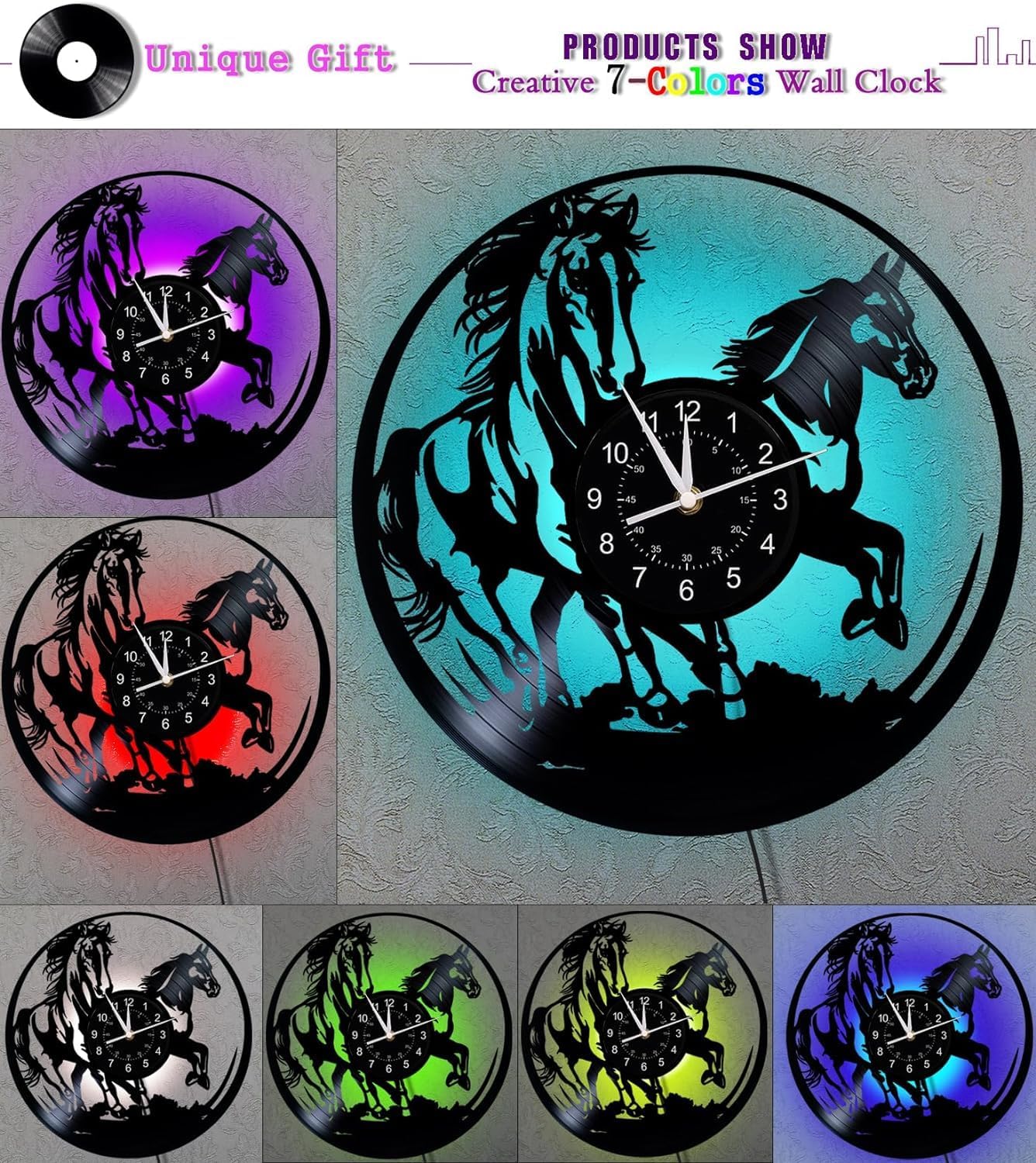 LED Vinyl Wall Clock Horses LED Night Light Hanging Lamp 7 Colors Luminous Clock Home Wall Decor Unique Birthday Horse Gifts for Men Women Kids