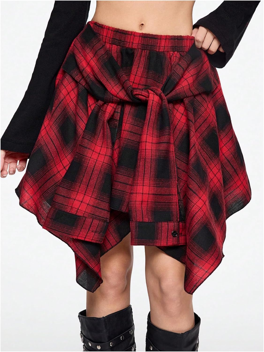 Verdusa Women's Y2k Goth Grunge Plaid Skirts Tie Vintage Asymmetrical Flowy Pleated Mini Skater Skirt - Image 2