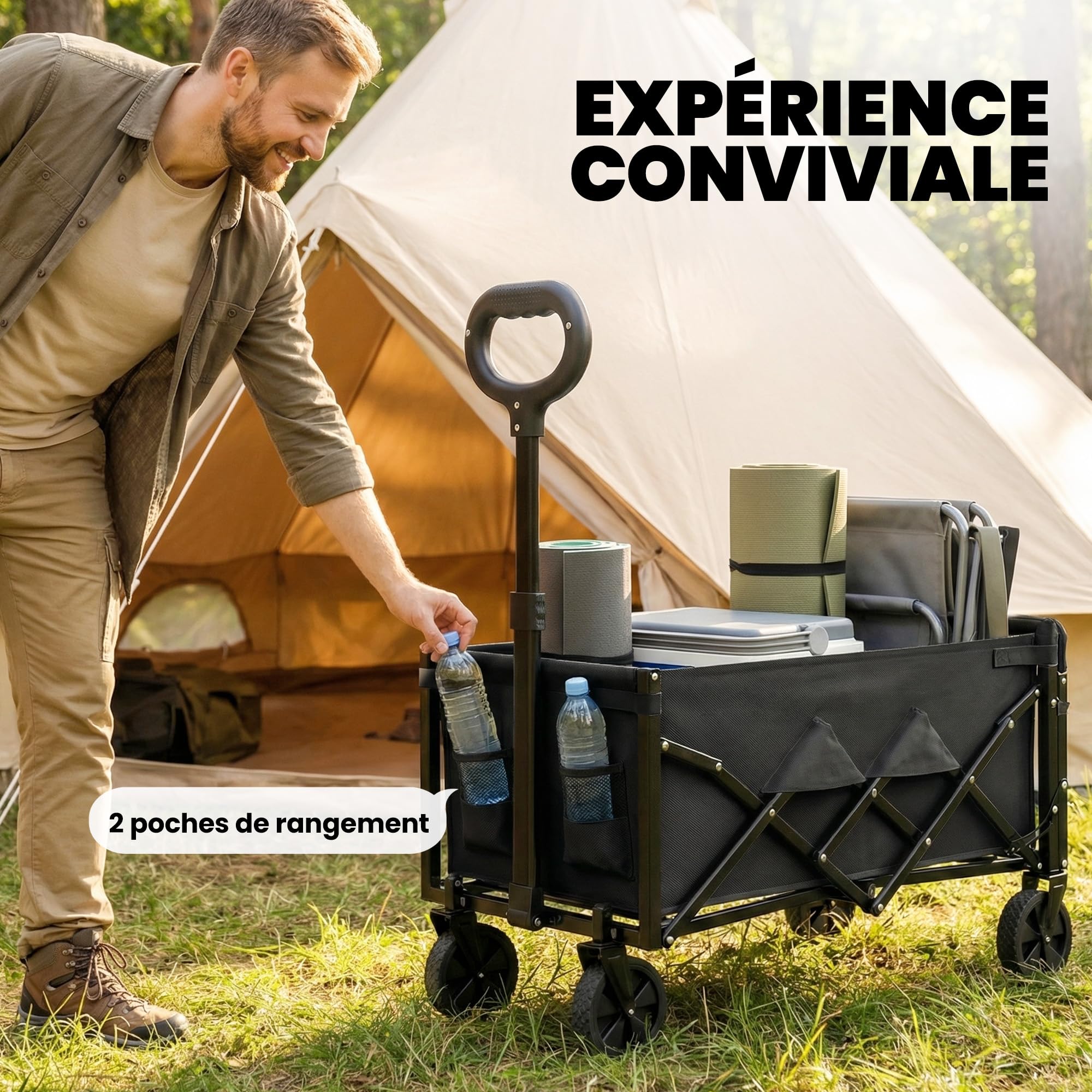 Outsunny Chariot de Transport Pliable, 60L, Charge 150 kg, Porte Arrière Rabattable, Roues Amovibles, Poignée Réglable, Porte-Gobelets, Chariot de Jardin Tout Terrain pour Plage Camping, Noir