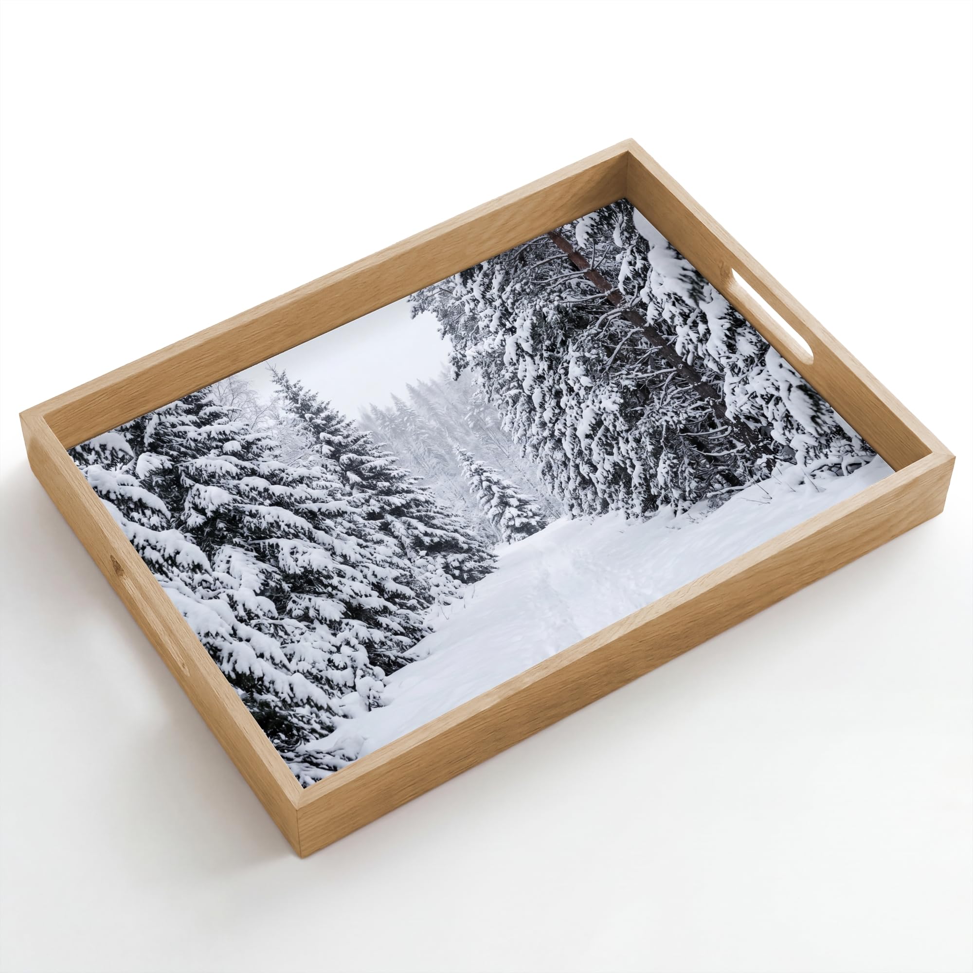 Tablett Rechteckig 50x35 cm Serviertablett rutschfest Griff Küchentablett Servierplatte Eiche Holztablett Henkel Hitzebeständig Wald - Winter - Schnee - Weg - Natur