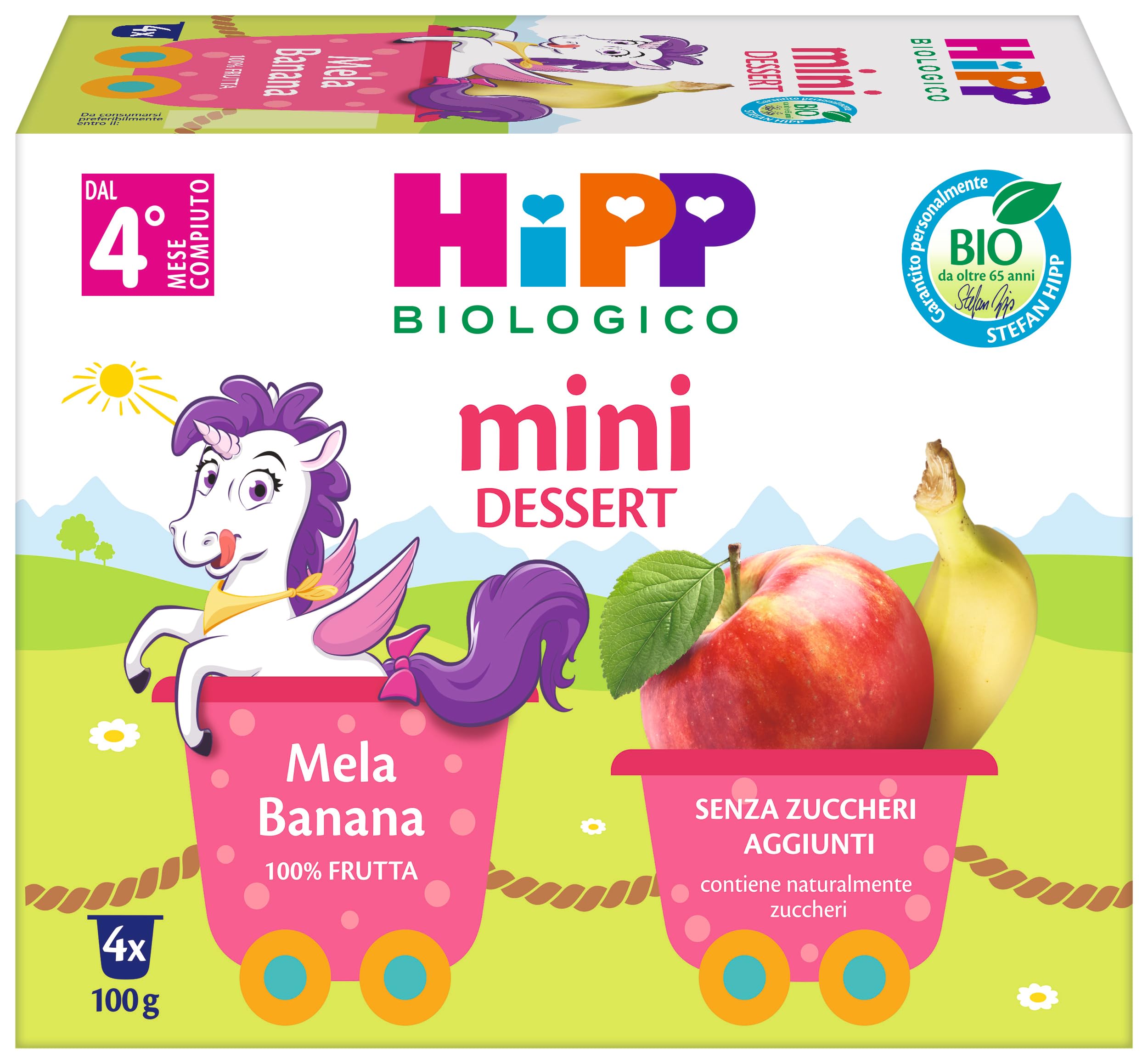 HiPP - Nuovi Mini Dessert, Frutta Grattugiata Bio, Mela e Banana, Confezione da 24 Vasetti da 100 g