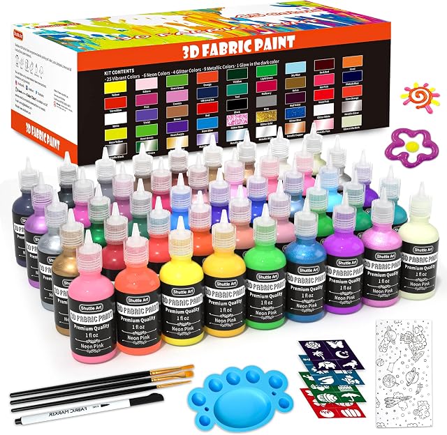 Fabric Paint, 45 Colours 3D Fabric Permanent Paint with 3 Brushes 1 Palette 1 Fabric Pen 1 Fabric sheet 4 Stencils, Glow in The Dark, Glitter, Metallic Colours for Textile Fabric T-Shirt Glass Wood