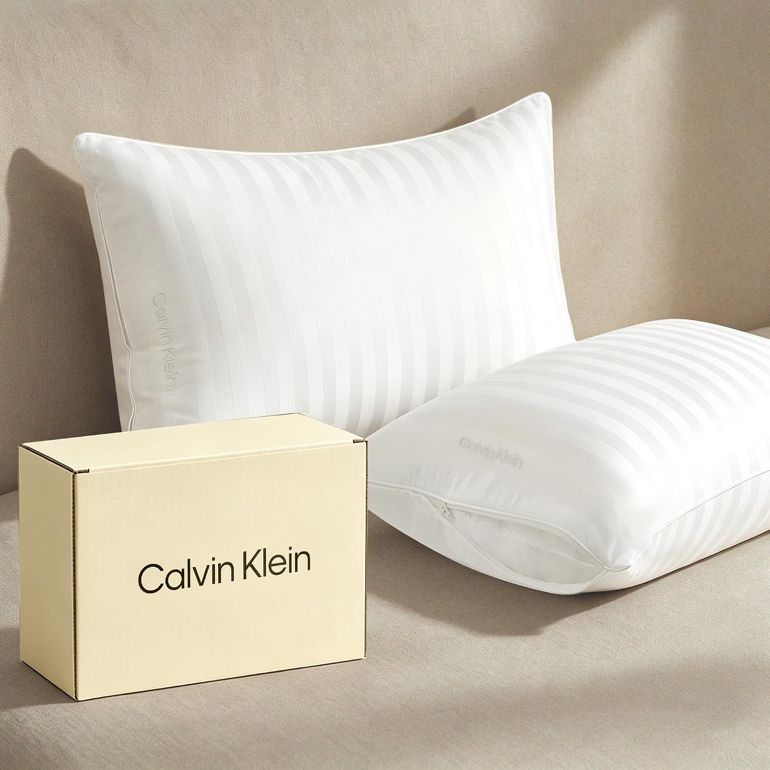 Calvin Klein Feather Down Bed Pillows Queen Size Set of 2, Cotton Cover