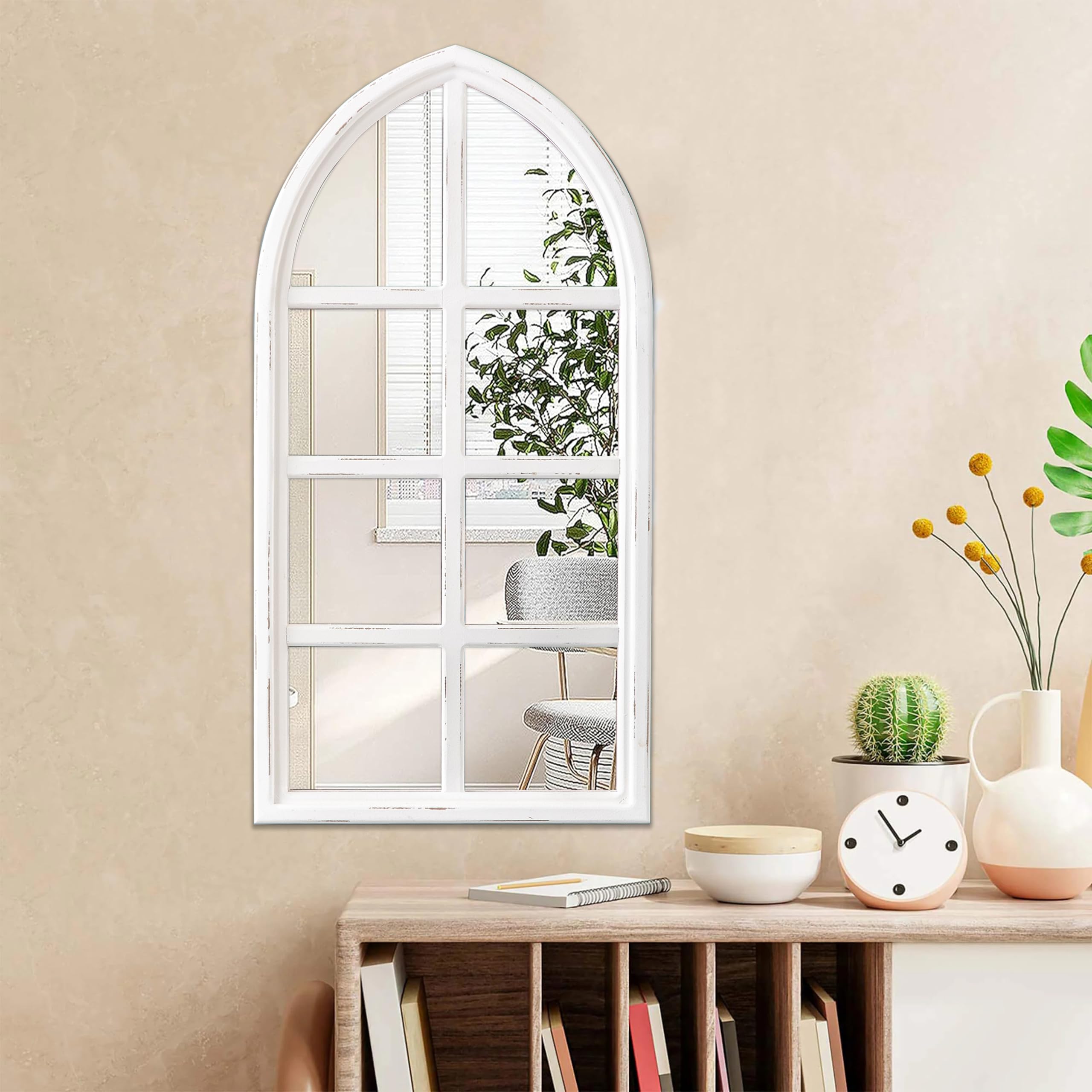 Miroir Arche Rustique Blanc 45 x 90 cm, Grand Miroir Mural de Fenêtre, Miroir Vintage Cadre en Bois pour Salon, Entree, Chambre