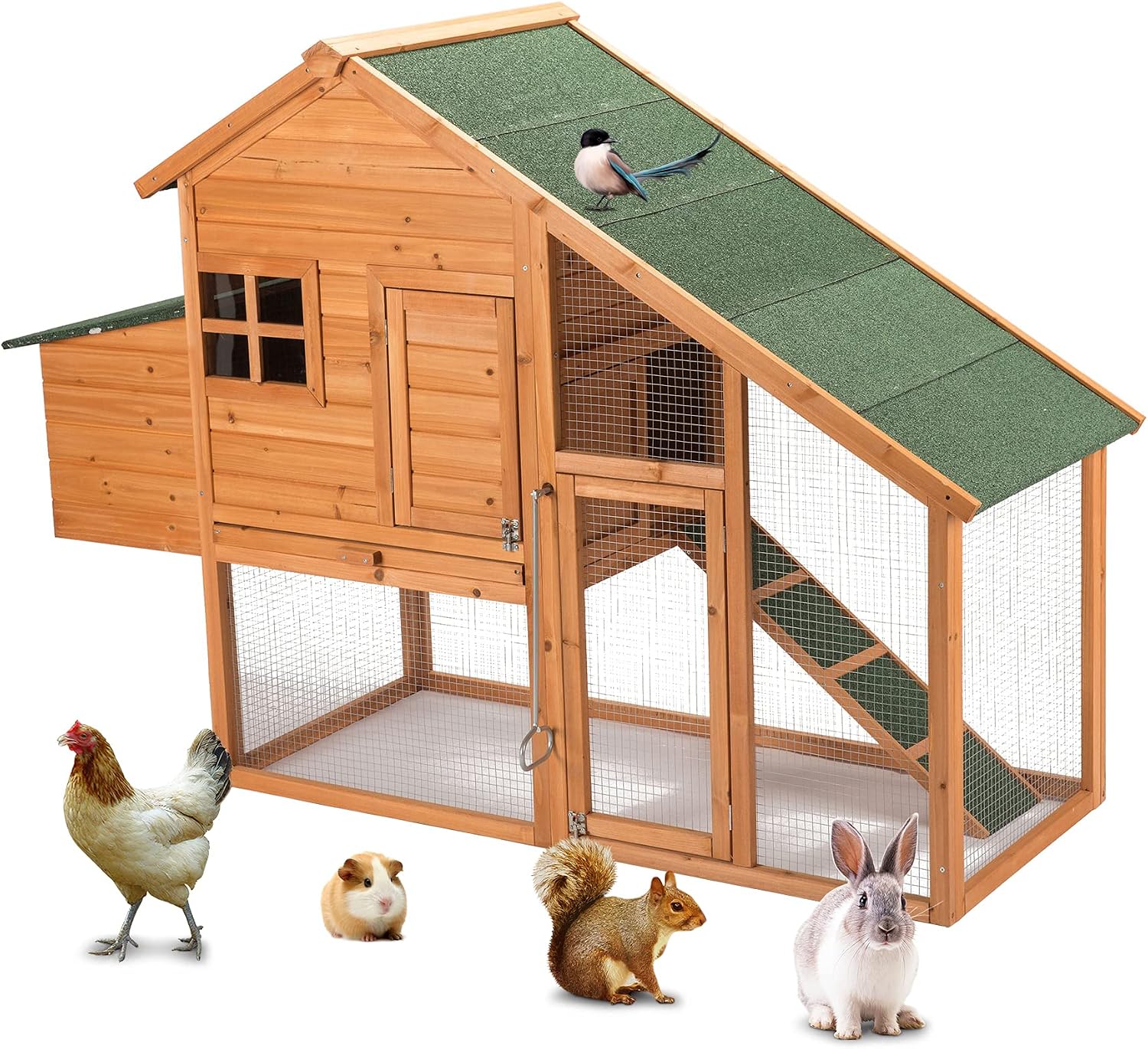 CO-Z 67" Topnotch Wooden Chicken Coop or Bunny Rabbit Hutch in Nature Color w/Outdoor Run & Ladder, Deluxe 2-Tier Small Animals Pet…