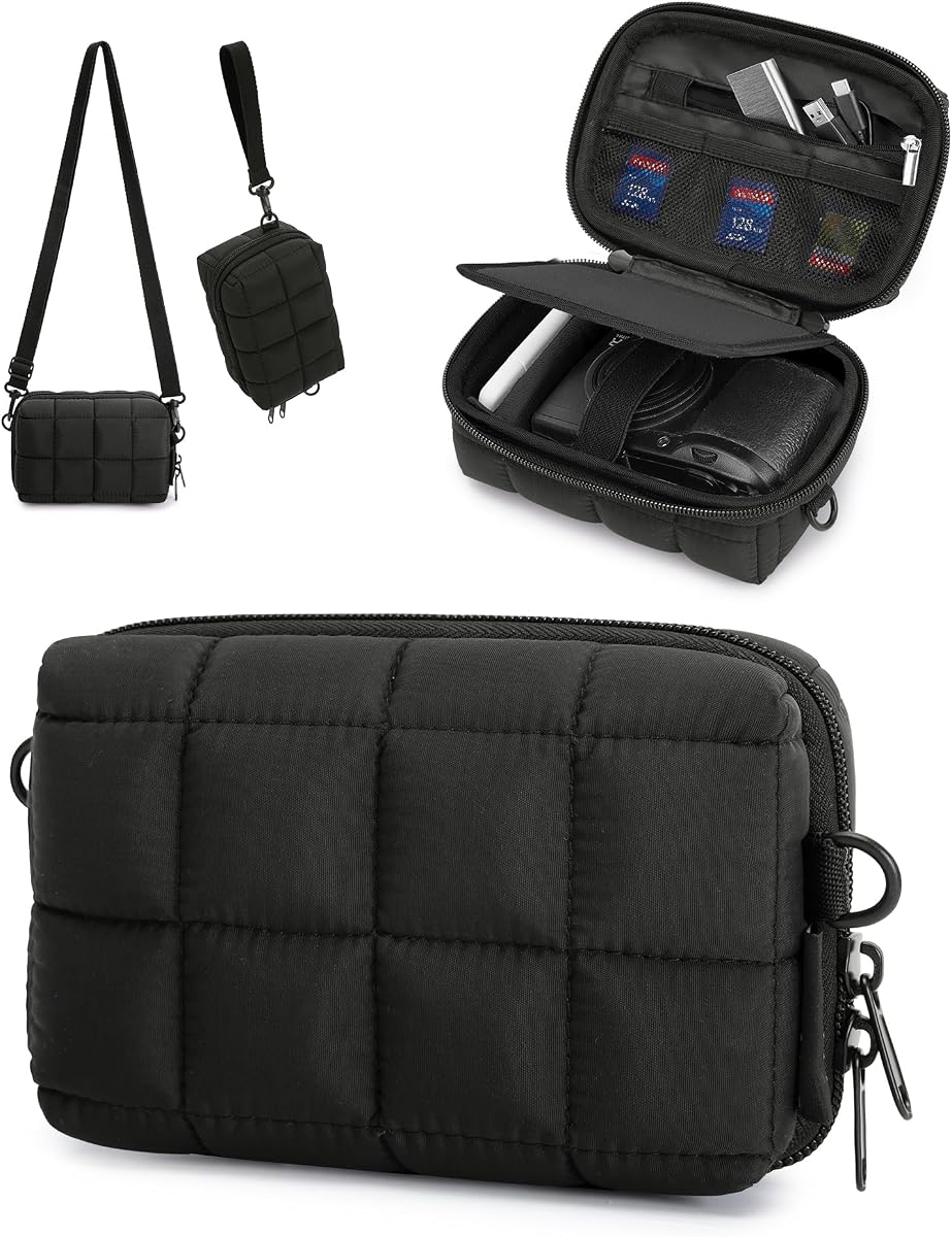 Small Puffy Digital Camera Case, Water-repellent, Black | Camera Bag with 2 Carrying Ways for Canon PowerShot G7X Mark II/III/Sony DSCW800/DSCW830, Lightweight