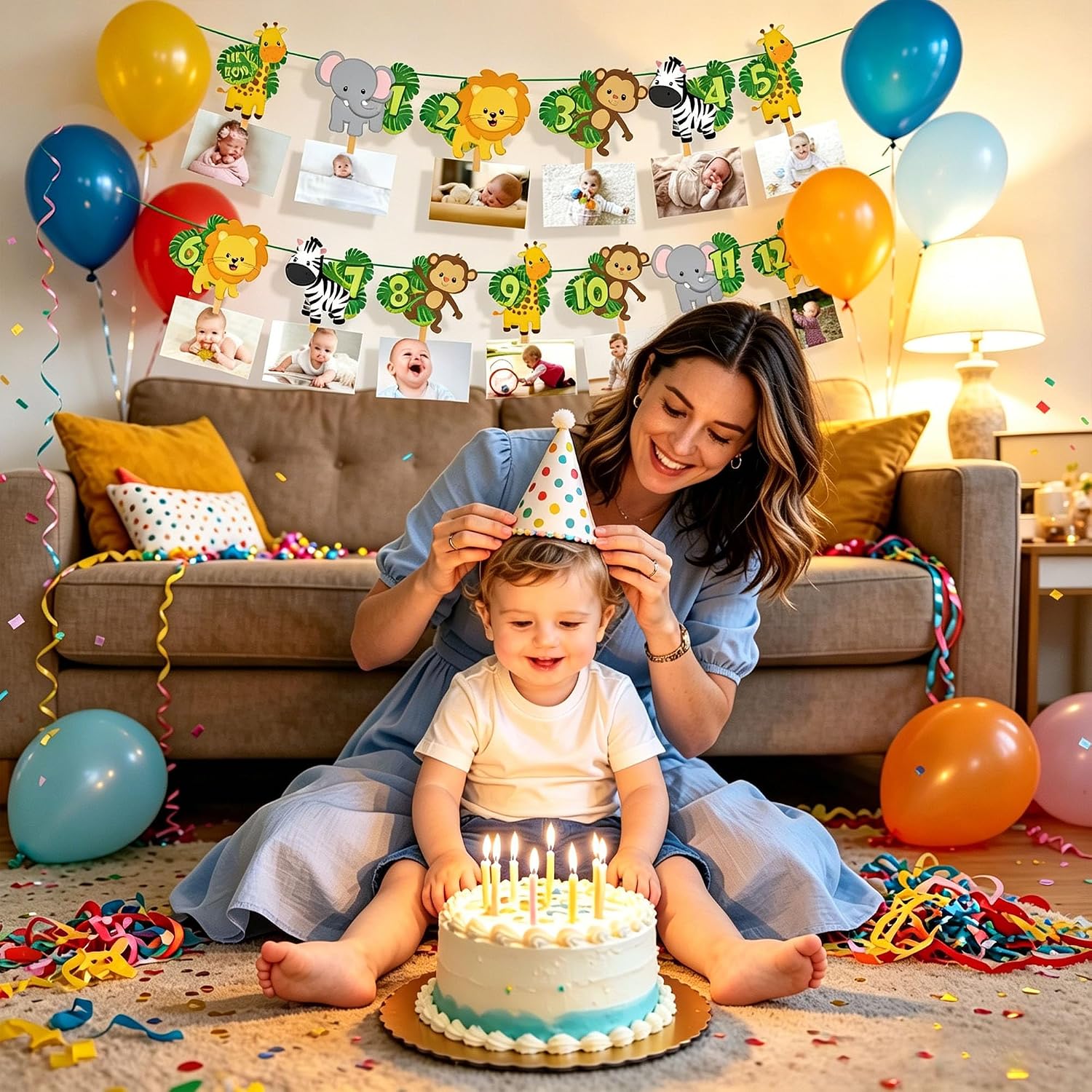 Jungle Safari 1st Birthday Photo Banner Newborn to 12 Months Animal Theme Milestone Garland Wild One First Birthday Party Decorations Picture Booth Props Photo Display Banner for Baby Shower & 1 year old Birthday image 3