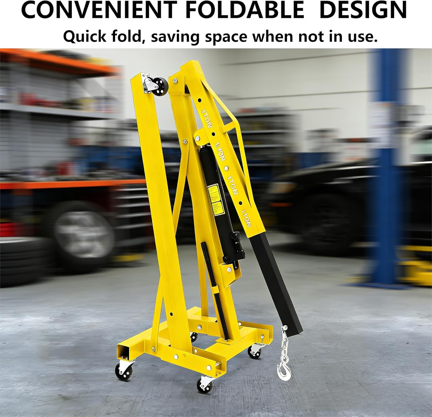 Garvee 2 Ton Engine Hoist with Leveler, 4400 Lbs Folding Hydraulic Cherry Picker, Heavy-Duty Shop Crane with 6 Caster Wheels, 4 Adjustable Boom Positions, for Warehouse, Garage and Workshop, Yellow