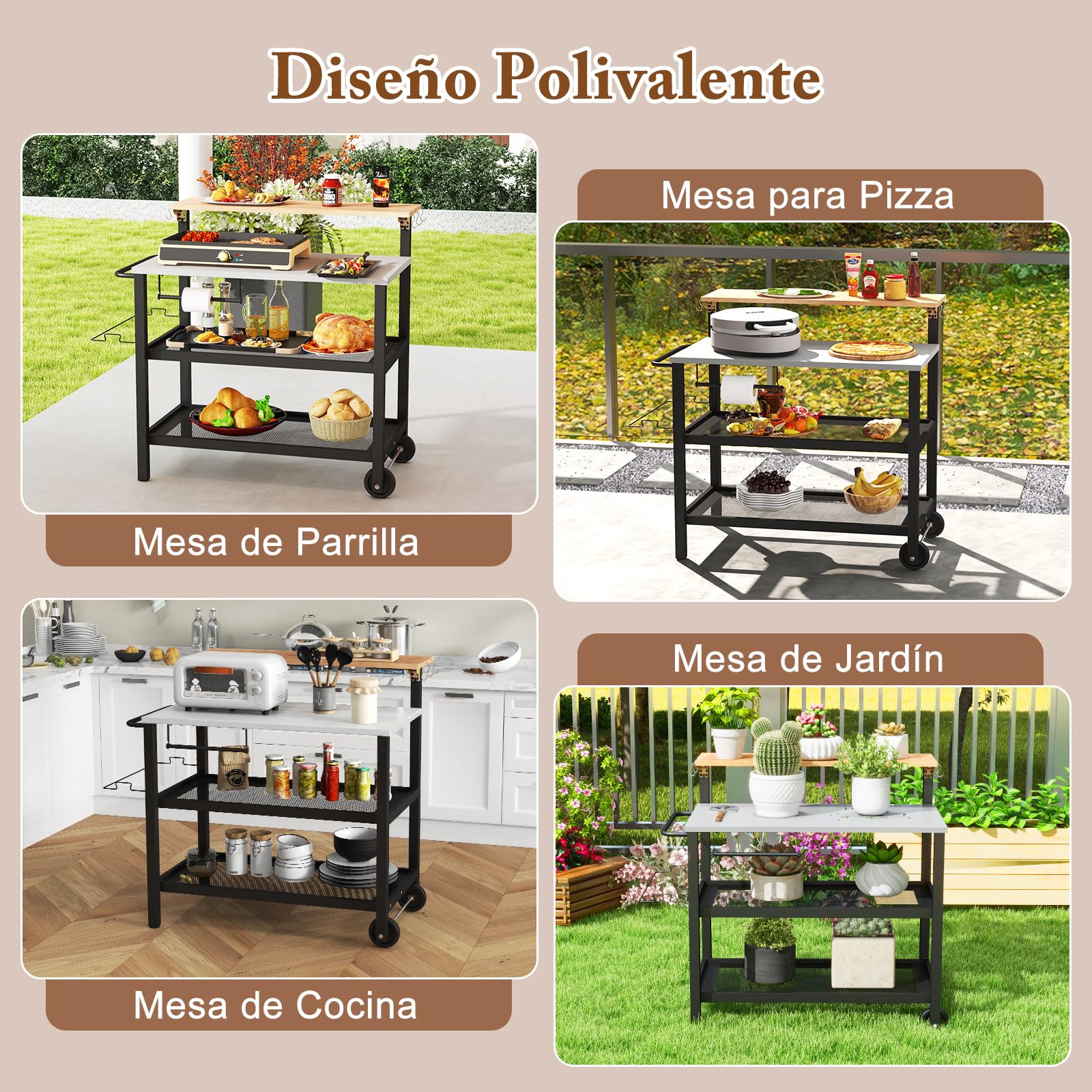 COSTWAY Carrito de Barbacoa de 3 Niveles, Mesa de Barbacoa con Estante y Asa Plegable, Ganchos, Soporte para Toallas de Papel y Bolsas de Basura, Carrito de Servicio, 116 x 55 x 130 cm