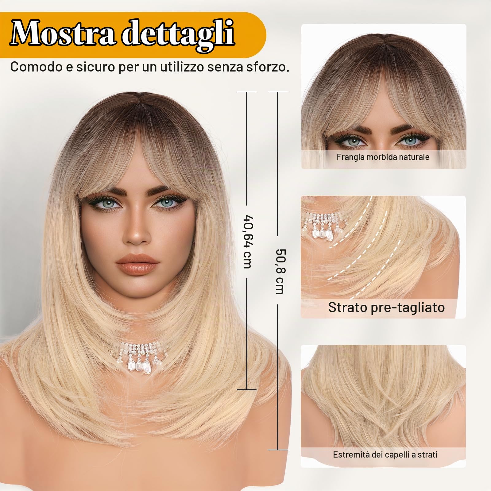 Sofeiyan Parrucca Lunga Dritto con Frangia, 40 cm Bionda Parrucca Donna Naturale Stratificato, Parrucche Sintetica Resistente per Use Quotidiano le Feste e il Cosplay