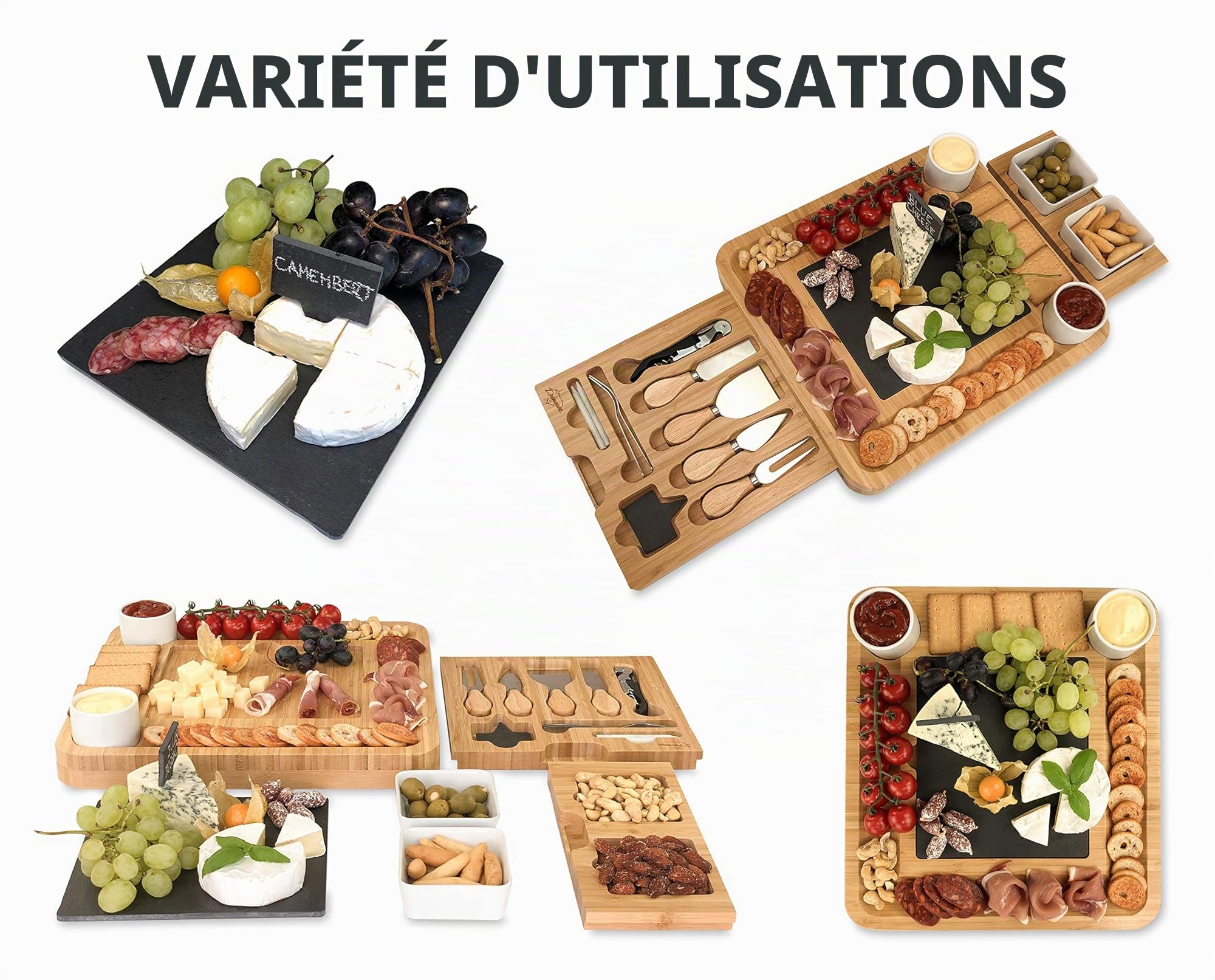 Plateau à Fromage en Bambou, Set de Couteaux, Bols en Céramique et Ouvre-vin - Plateau Charcuterie Bois, Choix Parfait Pour Gourmets, Cadeaux d'Anniversaire, Mariage, Mères