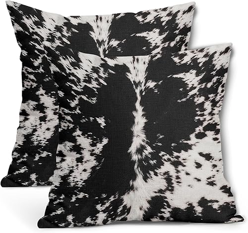 Juego de 2 fundas de almohada con estampado de piel de vaca occidental de 18 x 18 pulgadas, fundas de almohada decorativas con puntos de vaca negra
