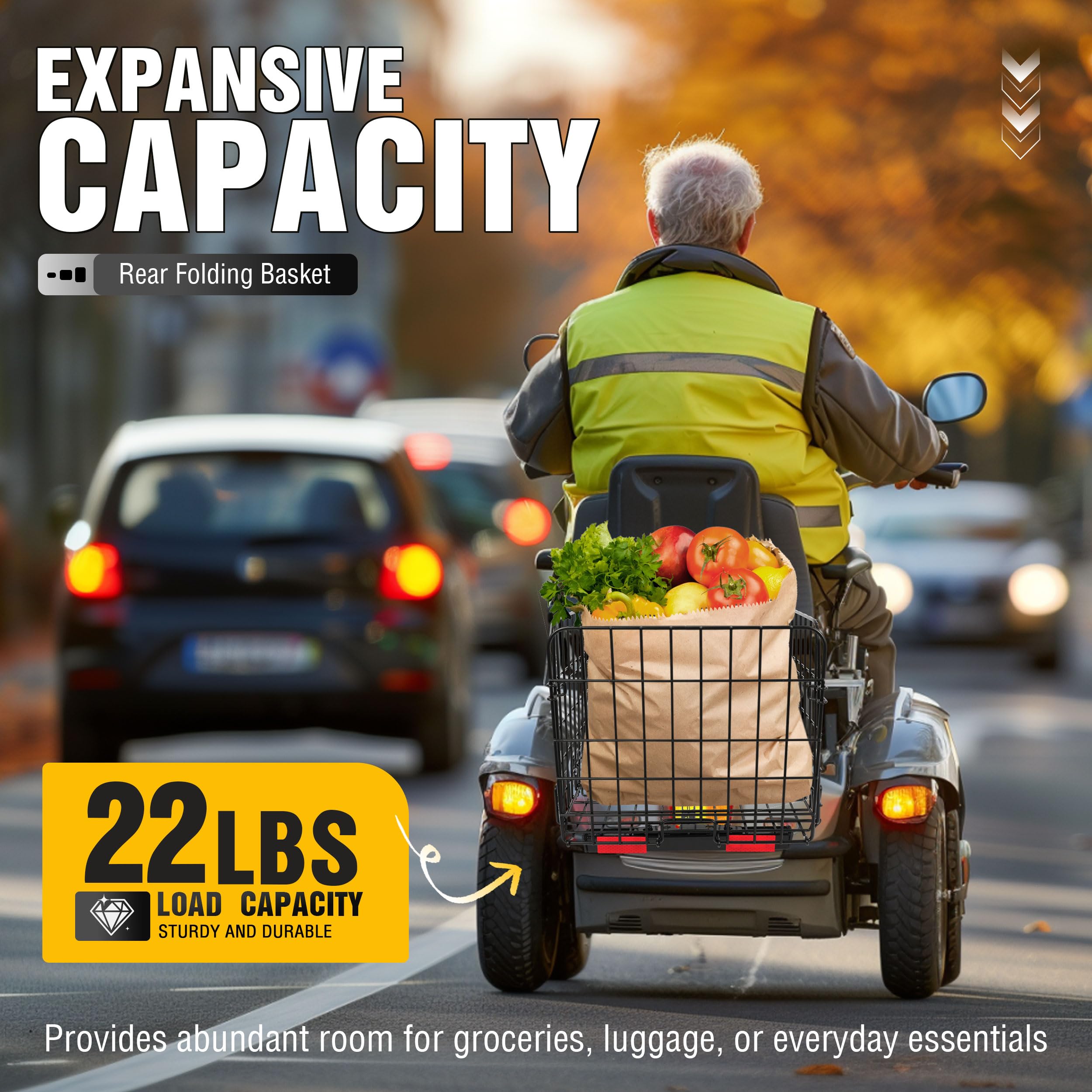 ECOTRIC Cesta plegable trasera compatible con la mayoría de scooters Pride Mobility impermeable, hecha de acero y funciona con receptor de 1 pulgada, cesta de carga, color negro