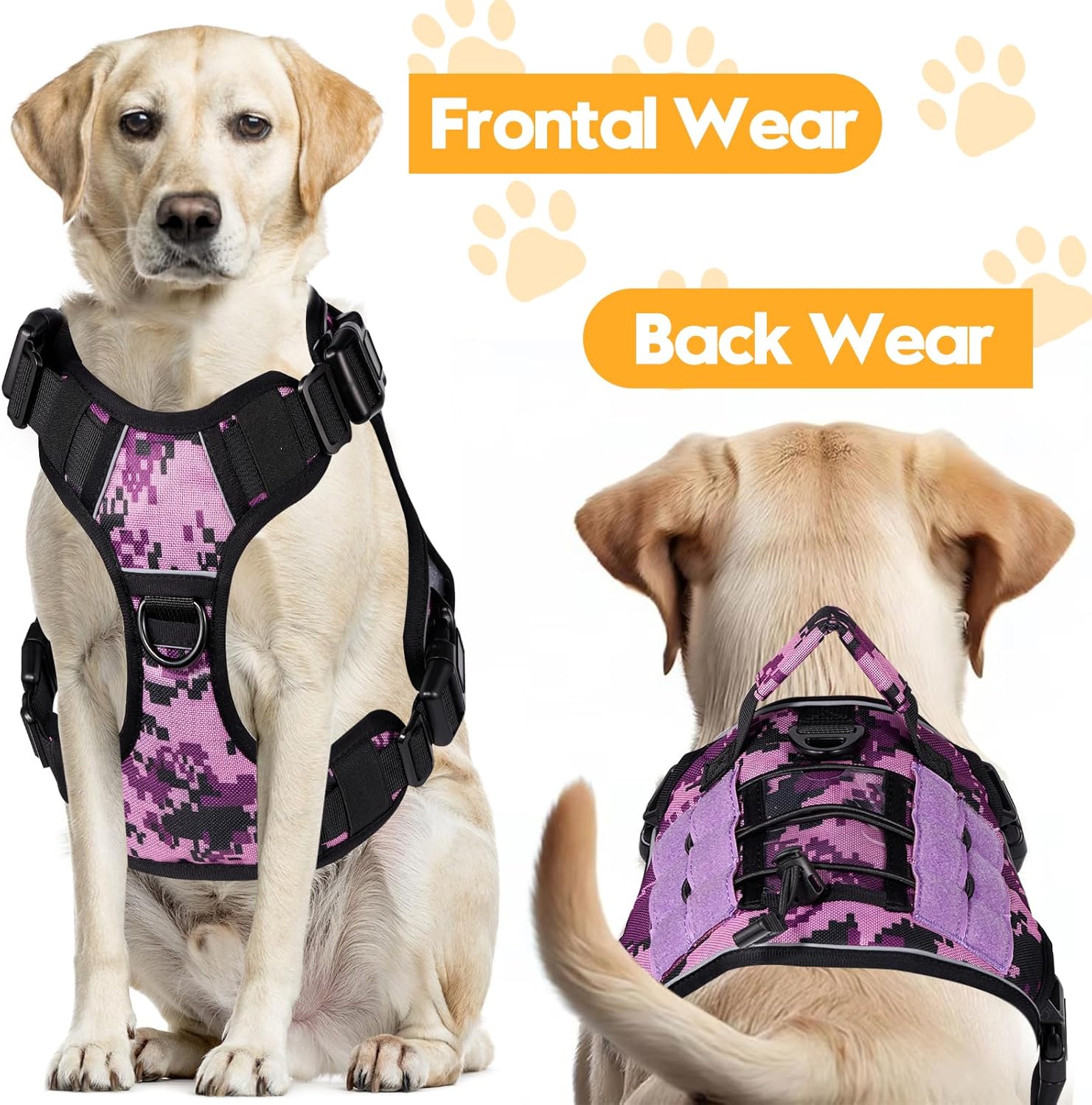 Heavy-Duty Tactical Dog Harness for Large Dogs, No Pull Adjustable Reflective Pet Vest with Molle System, K9 Military-Grade Control for Service Training, Outdoor & 10+ Breeds, Purple Camo, Medium