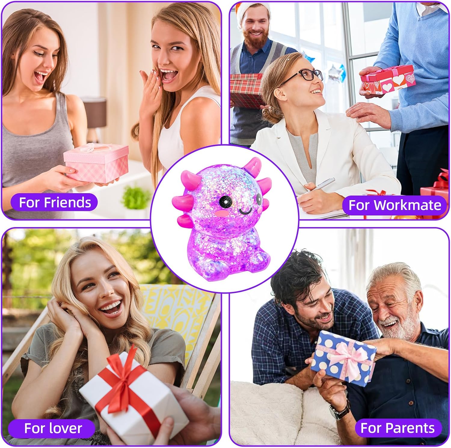 Squishy Axolotl Stress Balls for Adults and Kids, Cute Malt Sugar Filled Sensory Fidget Toy, Animal Stress Relief Axolotl Toys, Stretchy Squeeze Toys for Birthday Party Gift and Christmas (Purple)