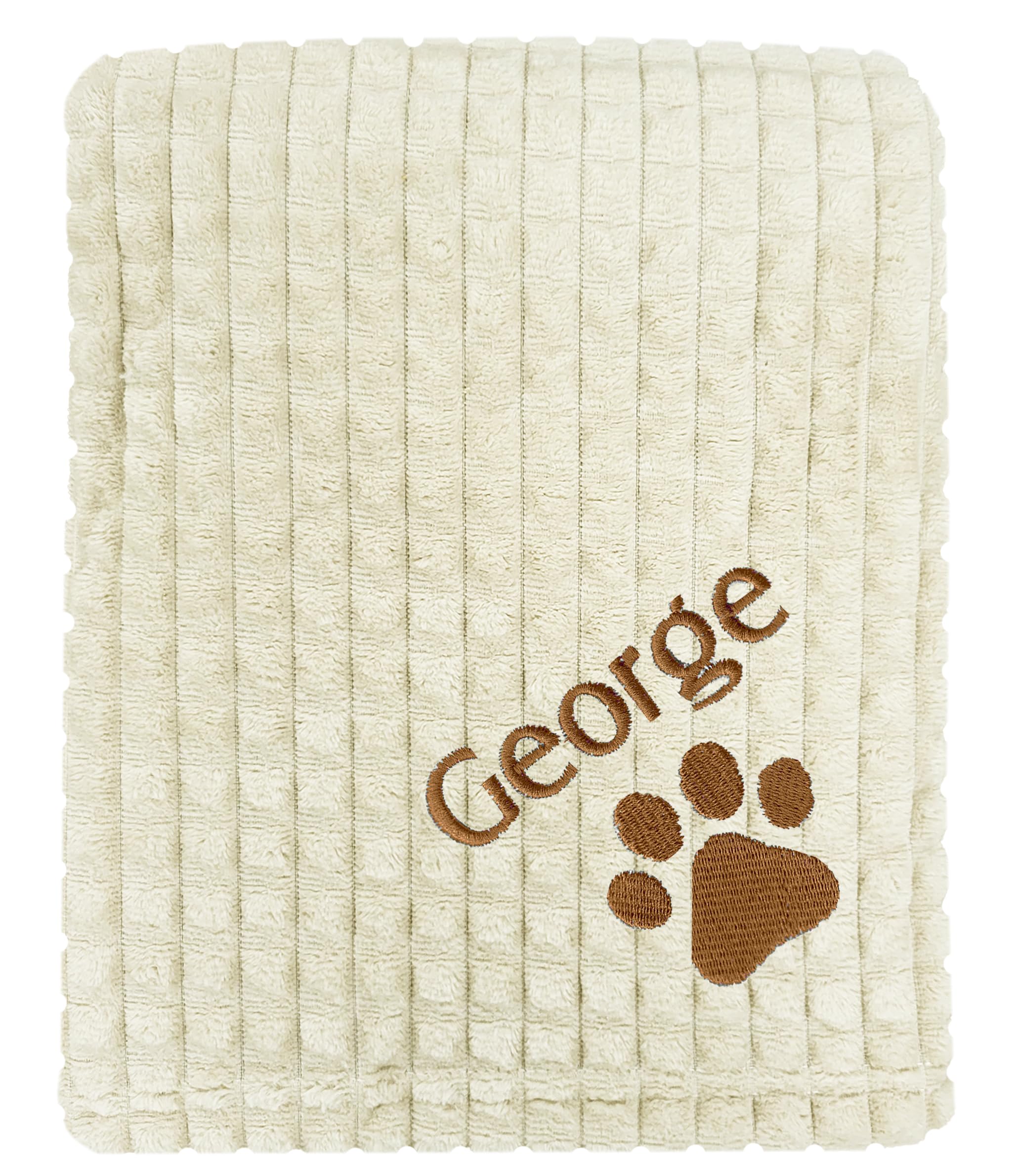 JJLC Personalised Dog Cat Pet Blankets Embroidered Name Paw (Taupe Squared, Brown Name)
