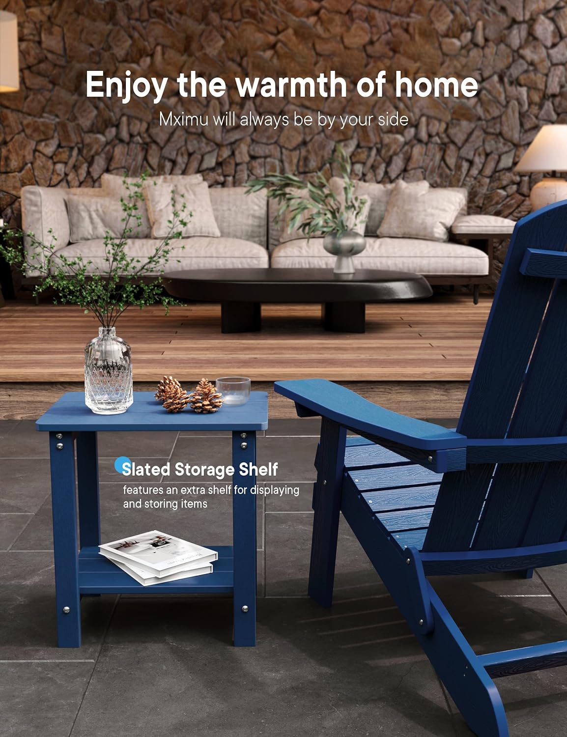MXIMU Outdoor Side Table for Patio: 16" HIPS Weatherproof Adirondack Table - Small End Tables with Storage for Outside Porch Deck Pool Balcony Backyard - 2 Tier Easy Assembly No Maintenance Navy Blue