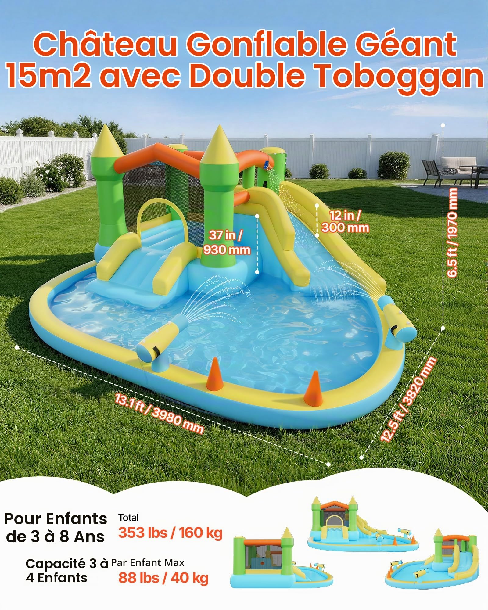 VEVOR Château Gonflable, Aire de Jeux Gonflable avec Souffleur, Deux Toboggans Aquatiques, Piscine, Grande Zone de Saut, Panier de Basket, Canon à Eau, pour 3 à 4 Enfants de 3 à 8 Ans, 382x398x197 cm