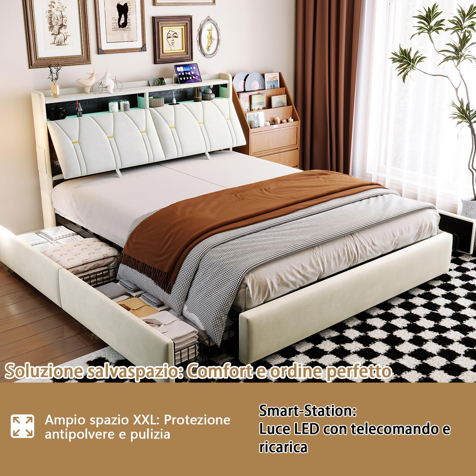 Cama de Matrimonio 160x200 cm con Luces LED y USB, Cama Tapizada con Cabecero Moderno y Somier de Láminas, Estructura de Cama Doble con Puerto de Carga, Beige (Sin Colchón)
