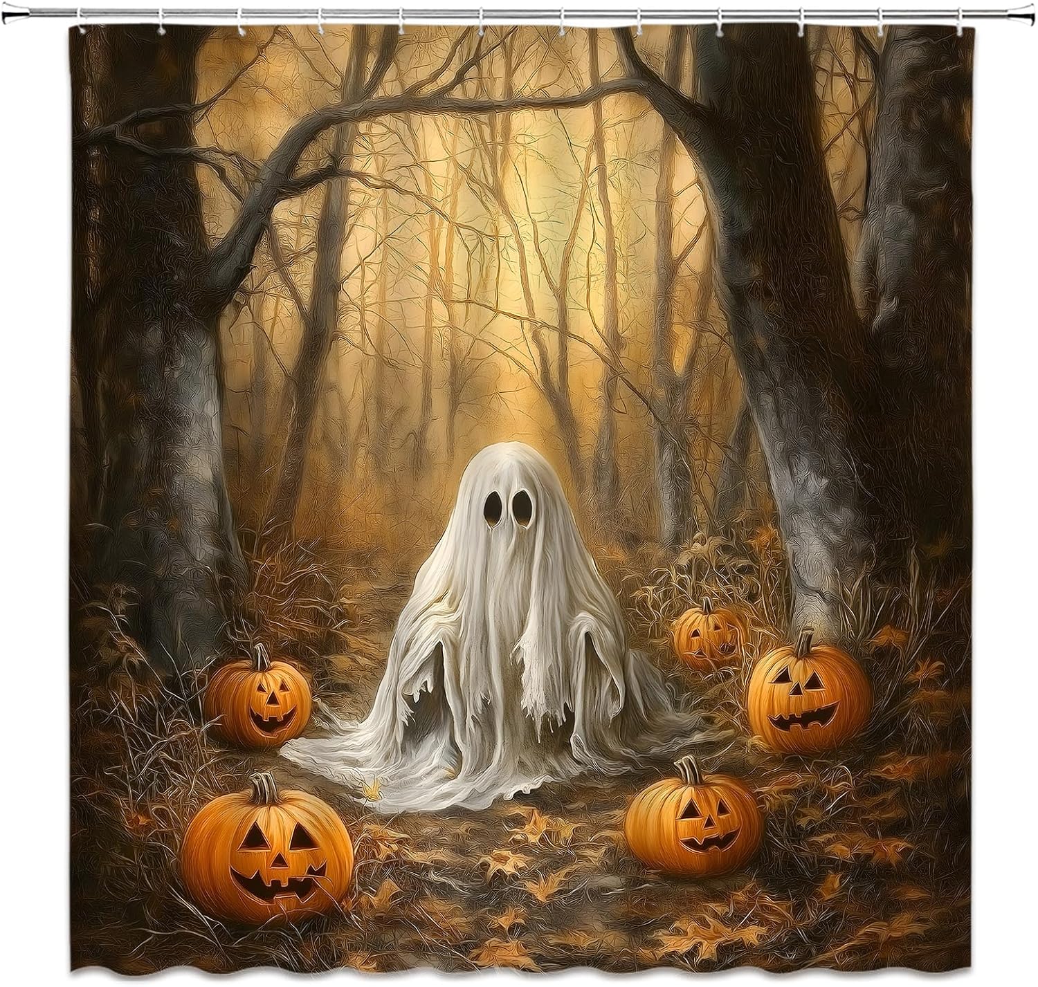 Spooky Halloween Ghost Shower Curtain Fall Misty Forest Scary Ghost Pumpkin Gothic Creepy Watercolor Happy Holiday Fabric Bathroom Decor Set with Hooks,(78" Wx70 H)
