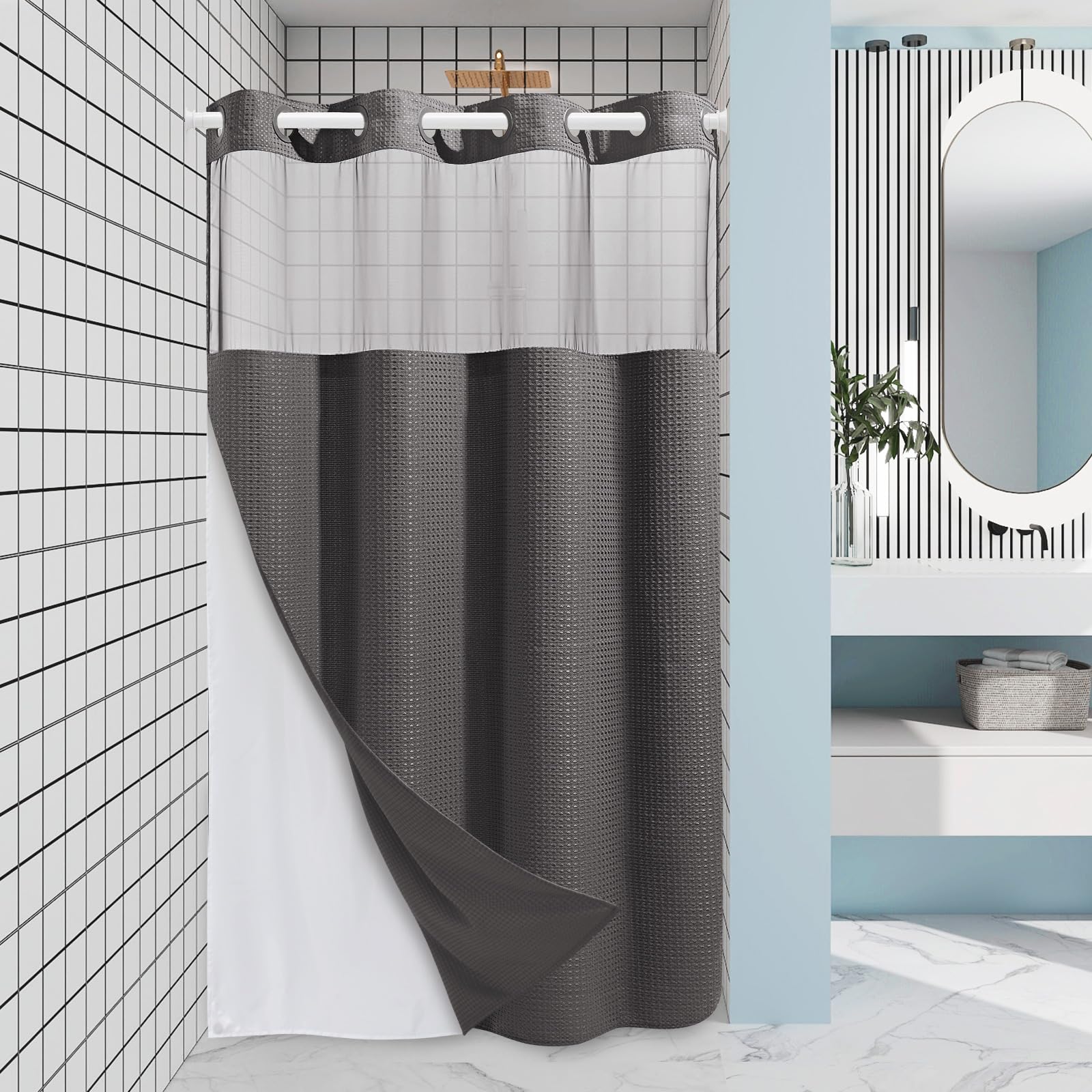 EUTXL Charcoal Grey Stall No Hook Shower Curtain with Snap in Liner,230GSM Waffle Weave Shower Curtains for Bathroom,54W x 80H