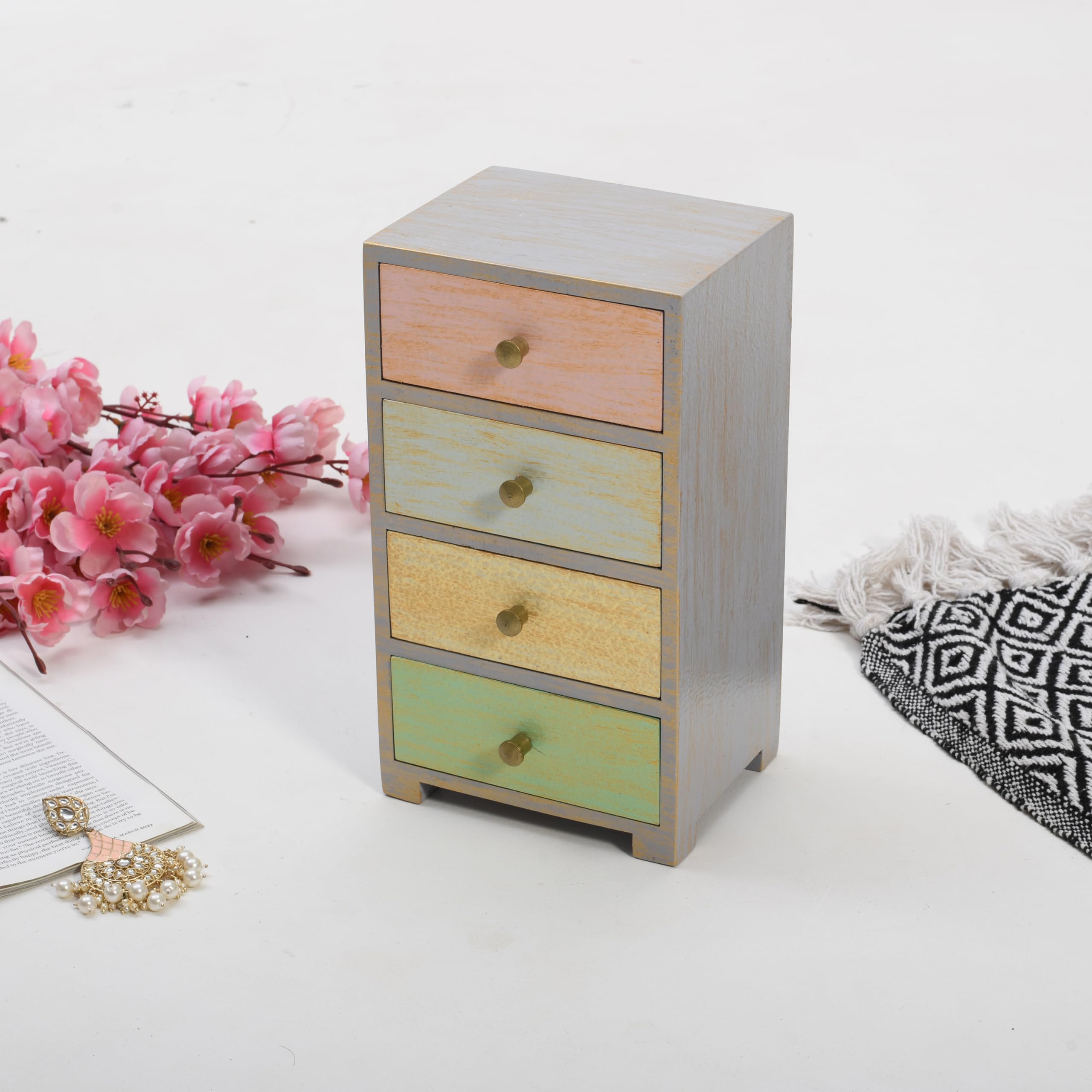 CRAFT MITRA Colourful Wood Chest of 4 Drawers | Handmade| Solid Wood Free Standing Chest of Drawers (Finish Color - Glossy, Pre-Assembled) (4 Drawers)