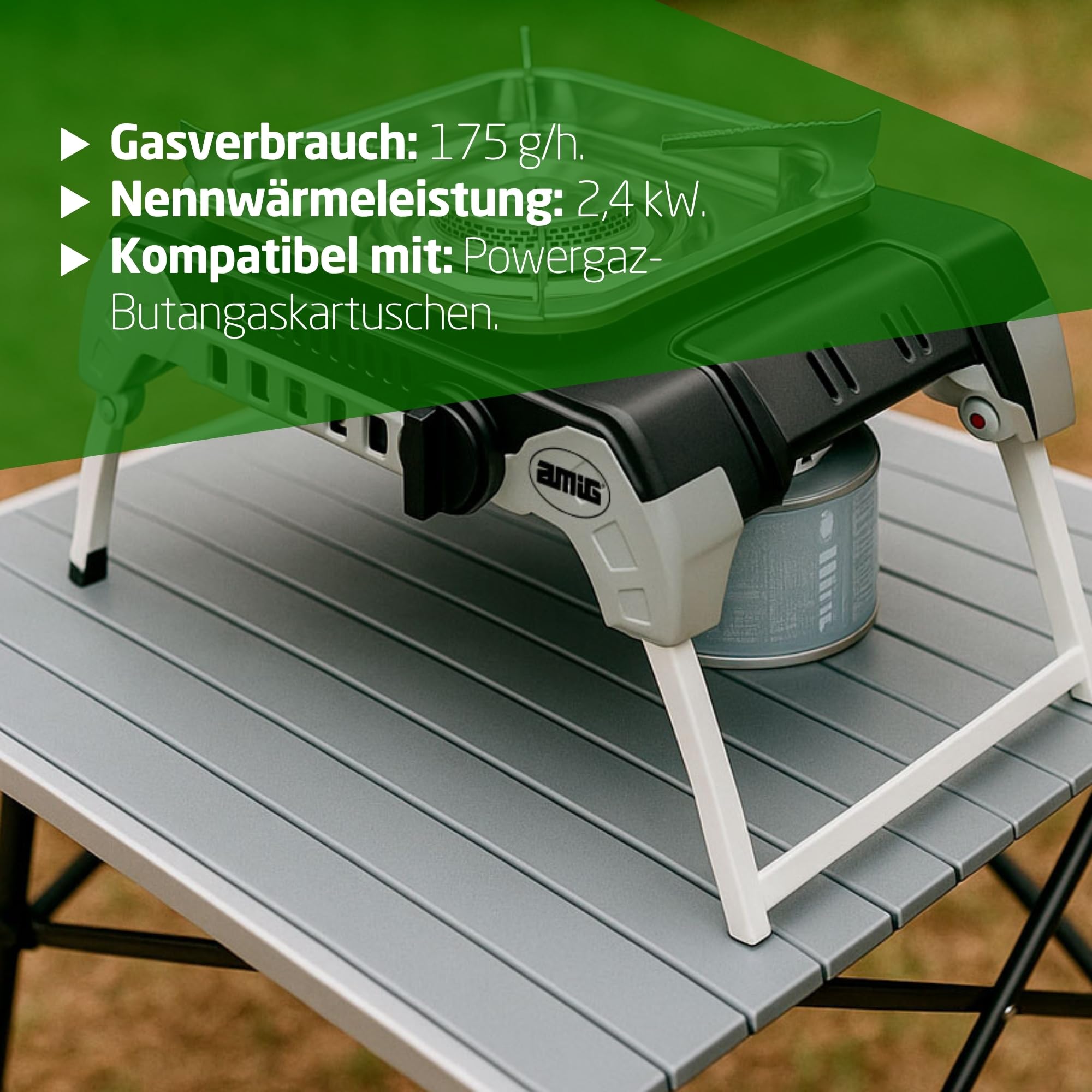 Amig – Camping Gas Möunt - Tragbarer Gaskocher für den Außenbereich – mit Edelstahlhalterung und Flammenregler – 2,4 kW Leistung – Für Ausflüge und Camping
