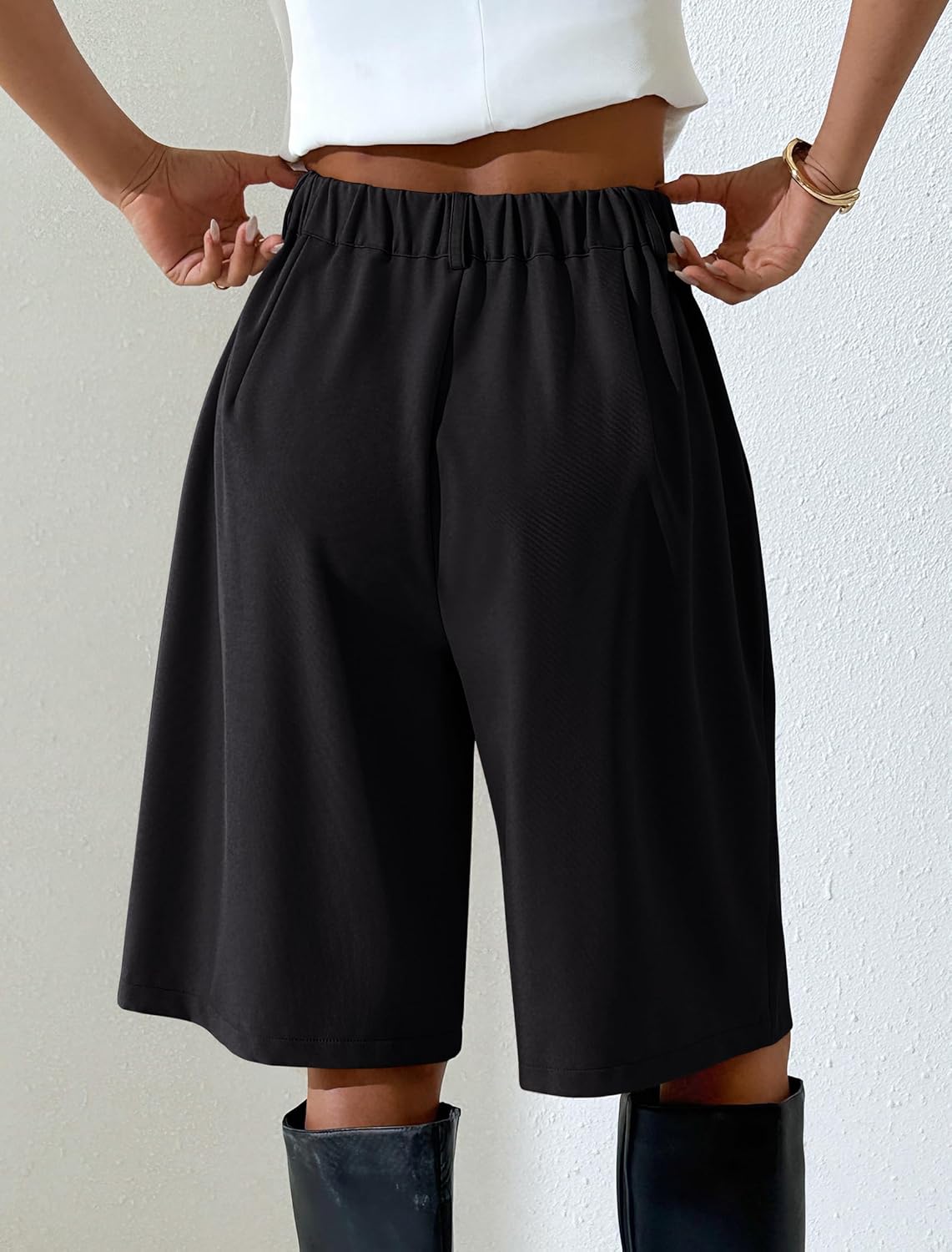 Eddoyee Bermuda Shorts for Women Knee Length Stretchy Elastic Waist Wide Leg Shorts with Pockets Casual Business S-XL