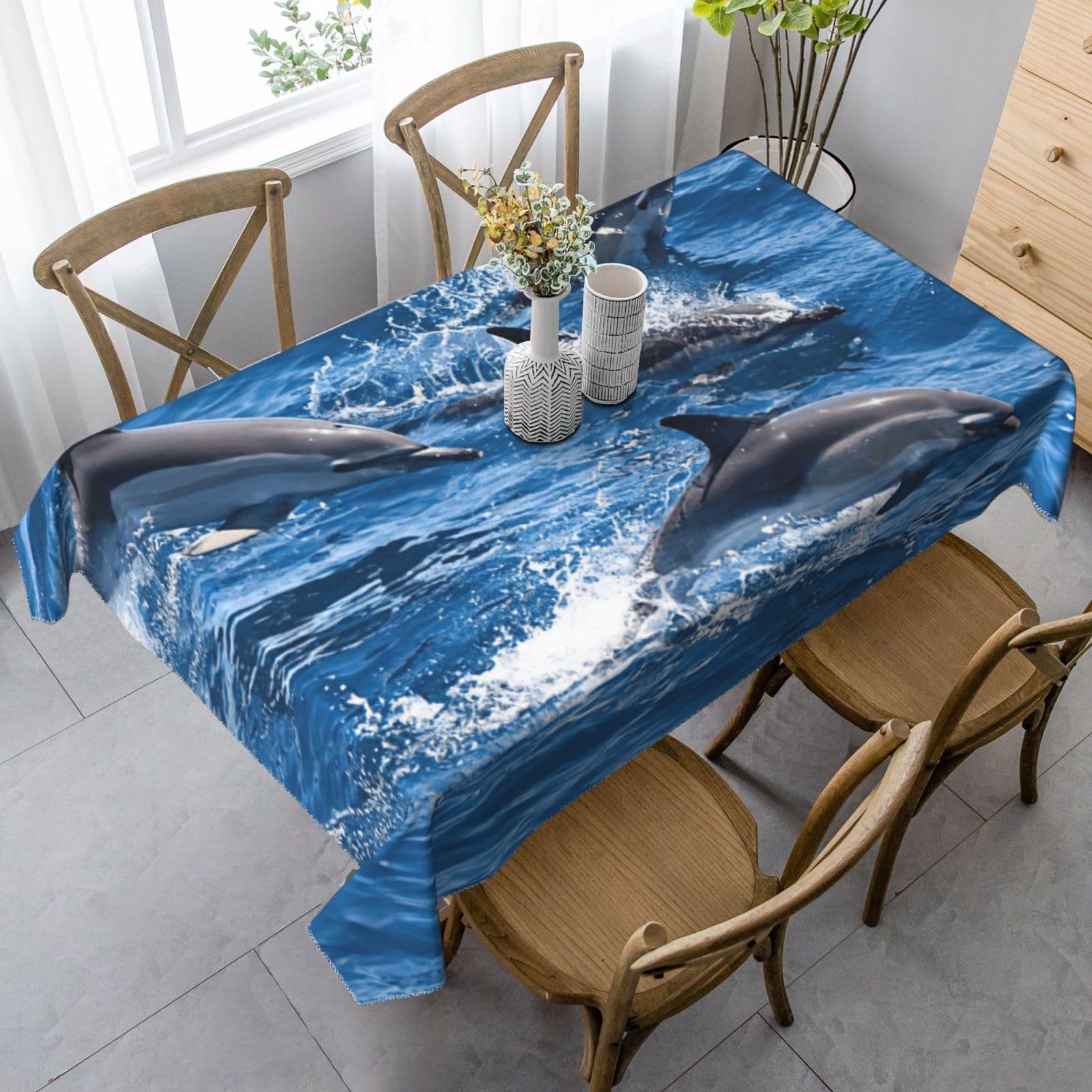 yagDAA Dolphins In The Sea Print Rectangle Tablecloth Table Cover Indoor Outdoor Dining Room Kitchen Table Cloth 140x90cm