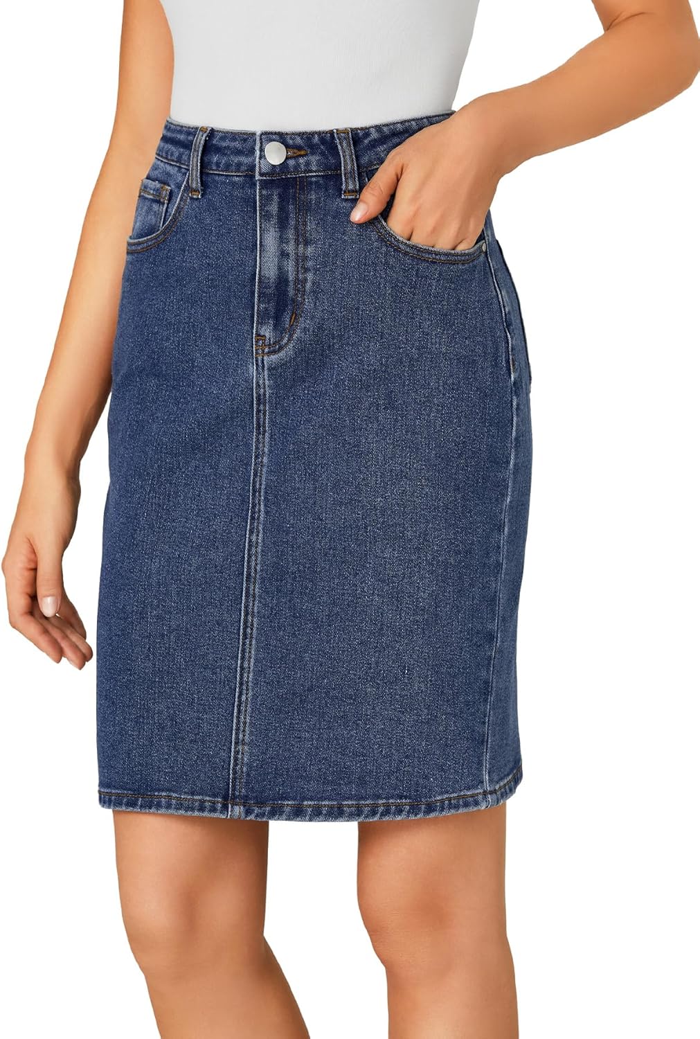 LYANER Women's Casual Stretch High Waist Bodycon Denim Jean Midi Skirt with Pockets - Image 3