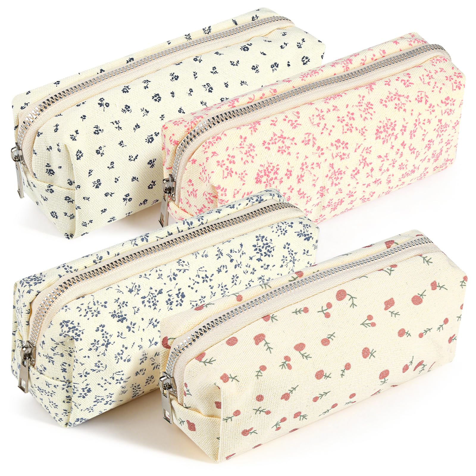LaiHeGin 4 PCS Floral Pencil Case, Cute Pencil Case Canvas with Zipper