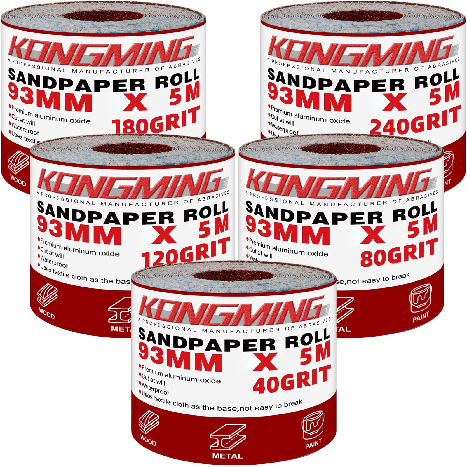 KONGMING Rollo de Papel de Lija 93mm x 5m Grano 40 80 120 180 240 X 5 Rollo para Lijadora Manual