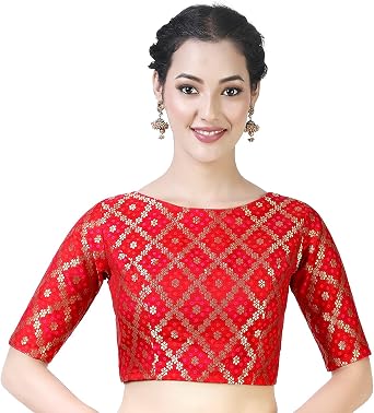 Designer Readymade Stitched Brocade Saree Blouse Poly Silk Fabric Craft Indian Sari Choli Tunic Top Women Wedding Wear Red, Large=42