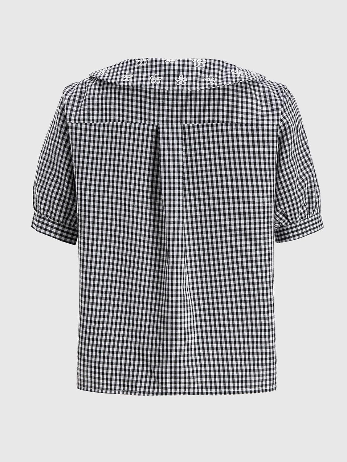 Women's Plaid Button Down Shirts Cute Summer Gingham Embroidered Collared Dressy Casual Blouses - Image 2