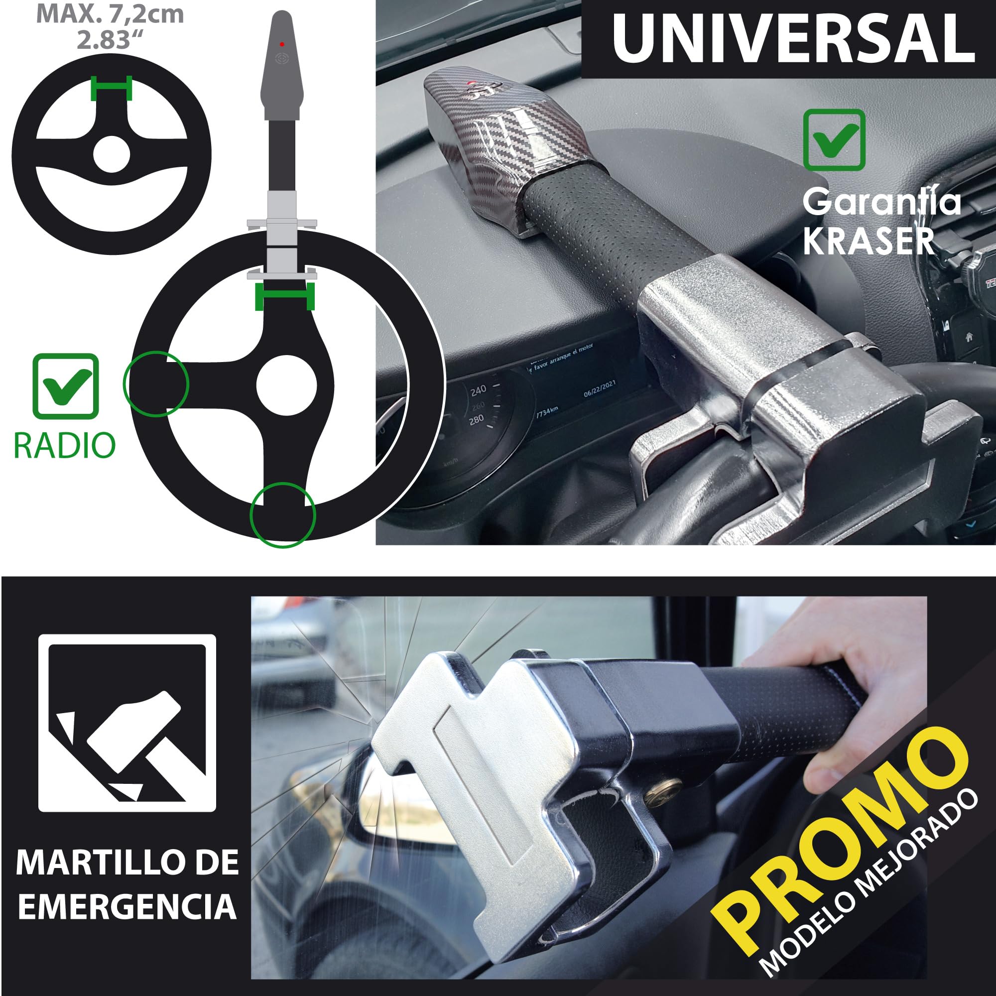 KRASER KR830 Antirrobo Coche, Barra Volante con Alarma 120dB, Robusto Bloqueo Alta Seguridad, Fácil de Usar, Acero Más Calidad, Cepo Coche Universal SUV Furgoneta Autocaravana
