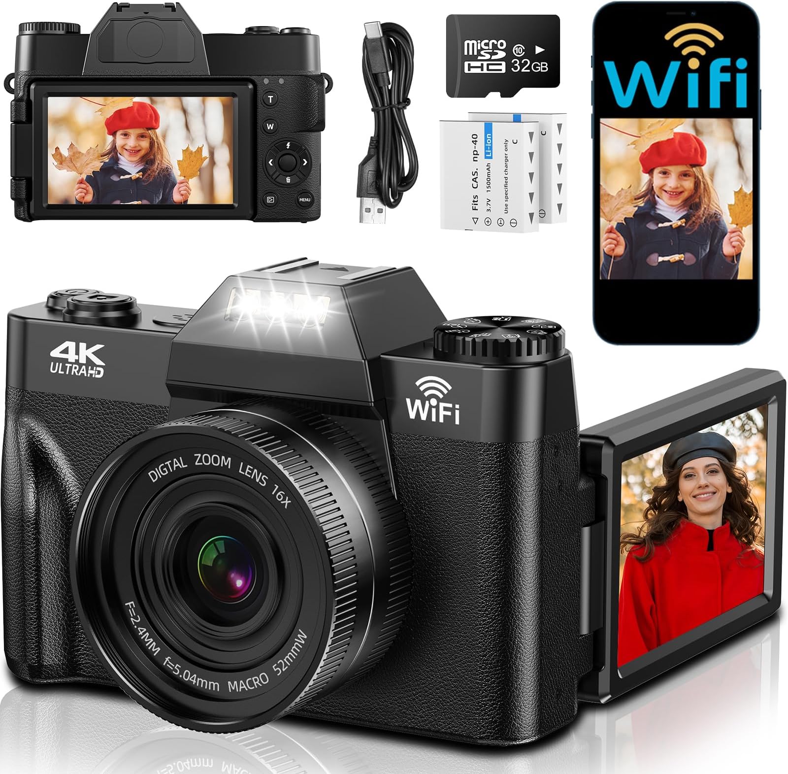 4K Digital Camera with WIFI, 75MP UHD Compact Cameras, 3 Inch 180° Flip Screen 16X Digital Zoom Autofocus Rechargeable Vlogging Camera with 32GB Card & 2 1500mAh Batteries for Beginners Teenagers
