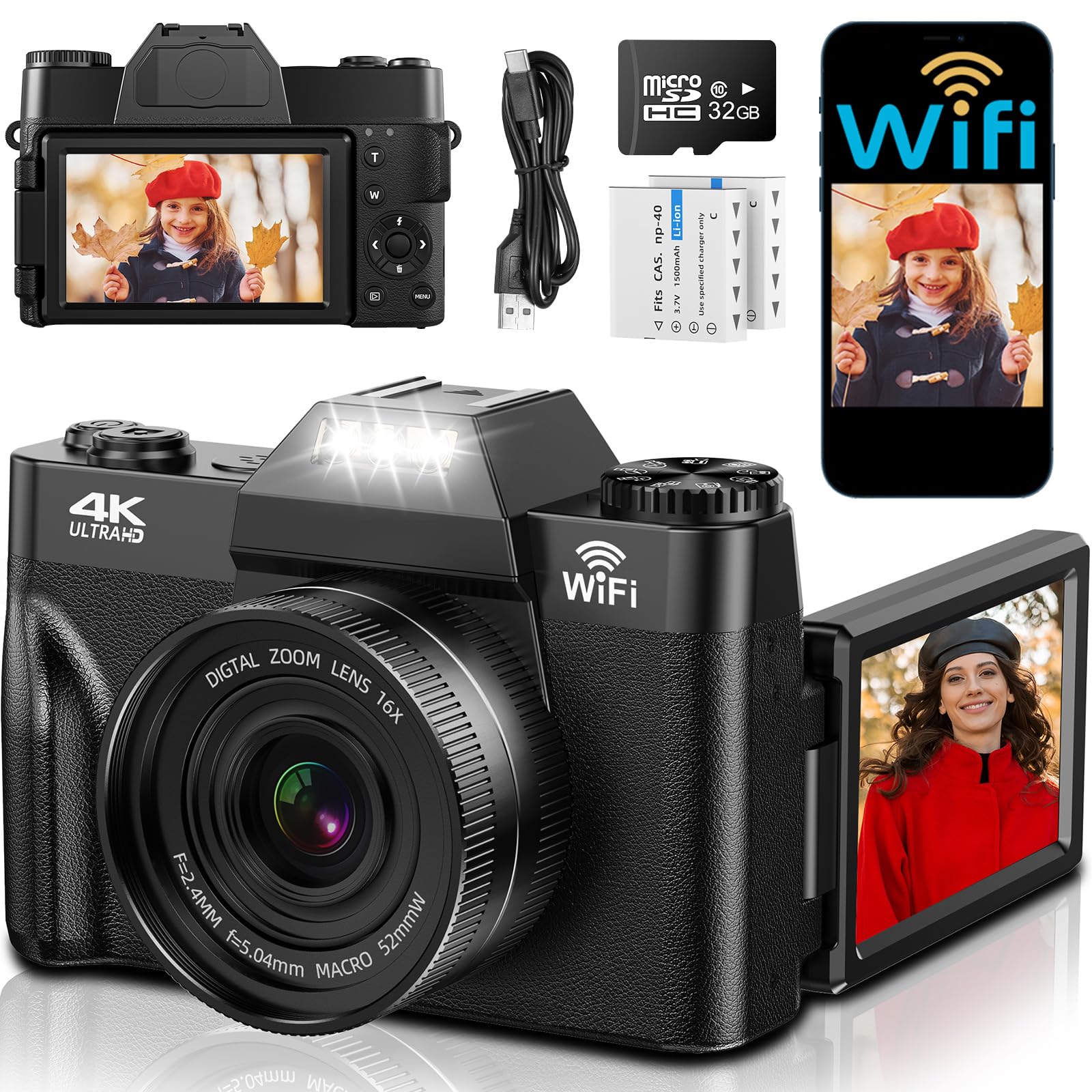 4K Digitalkamera mit WLAN, 75MP Kompaktkameras - 3 Inch 180 Grad Autofokus Wiederaufladbare Vlogging Fotoapparat Kamera mit WiFi 32GB Karte &2 Akkus, 16X Digitalzoom für Anfänger
