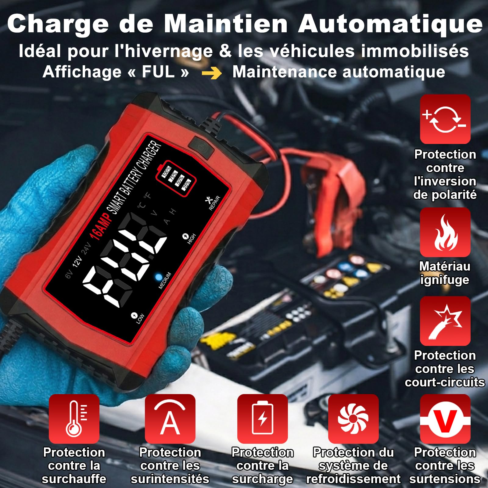 HTRC 16A Chargeur Batterie Voiture 6V 12V 24V, Chargeur de Batterie Intelligent Entièrement Automatique avec LCD pour Batteries Plomb-Acide (AGM, EFB, Gel, Calcium, SLA, VRLA) et Lithium/LiFePO4