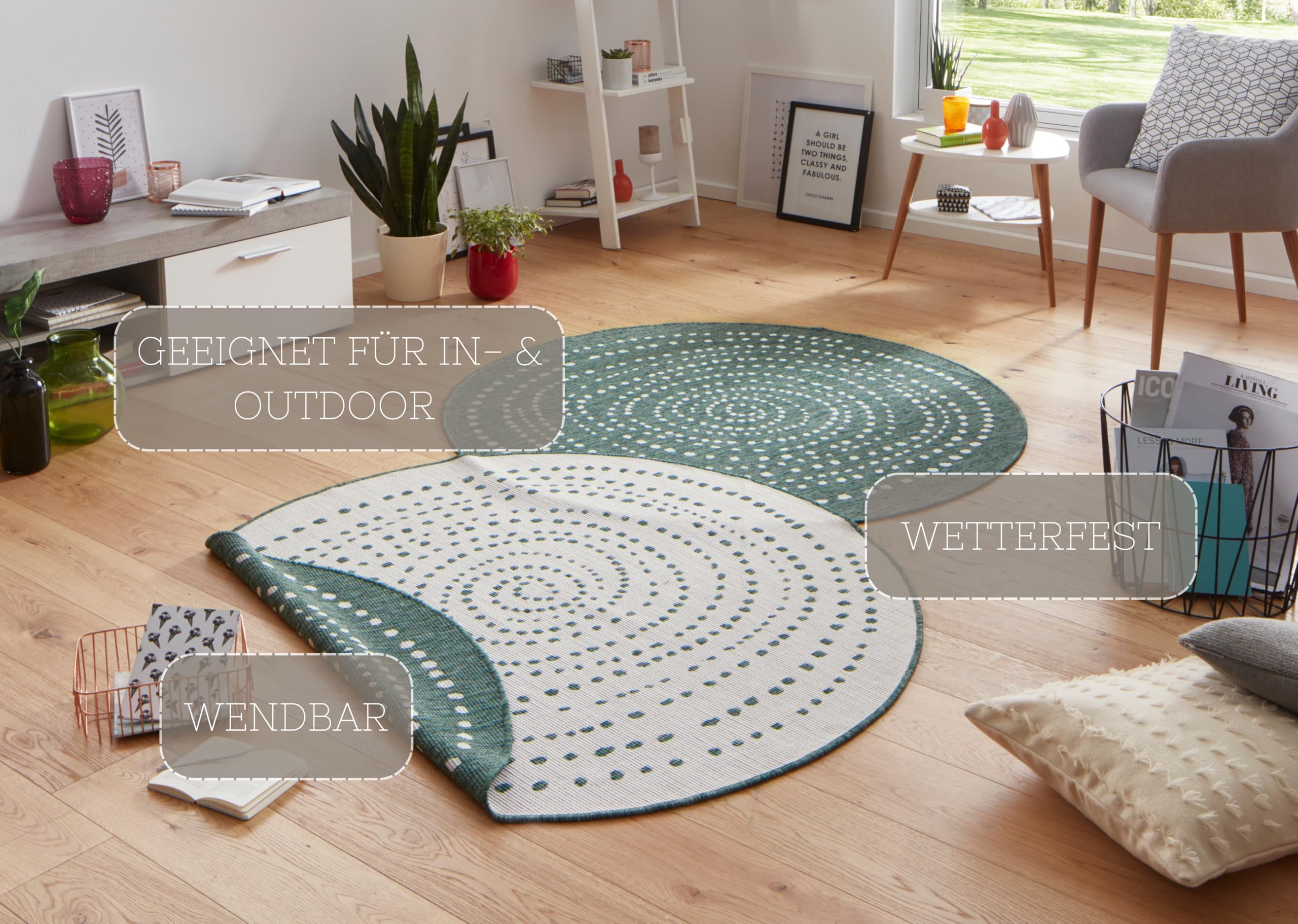 NORTHRUGS In- und Outdoor Teppich Bali Rund ⌀140cm - Wendeteppich Wetterfest Modernes Punkte Design Läufer für Balkon Terrasse Garten Wintergarten Wohnzimmerteppich Wasserfest in Grün Creme