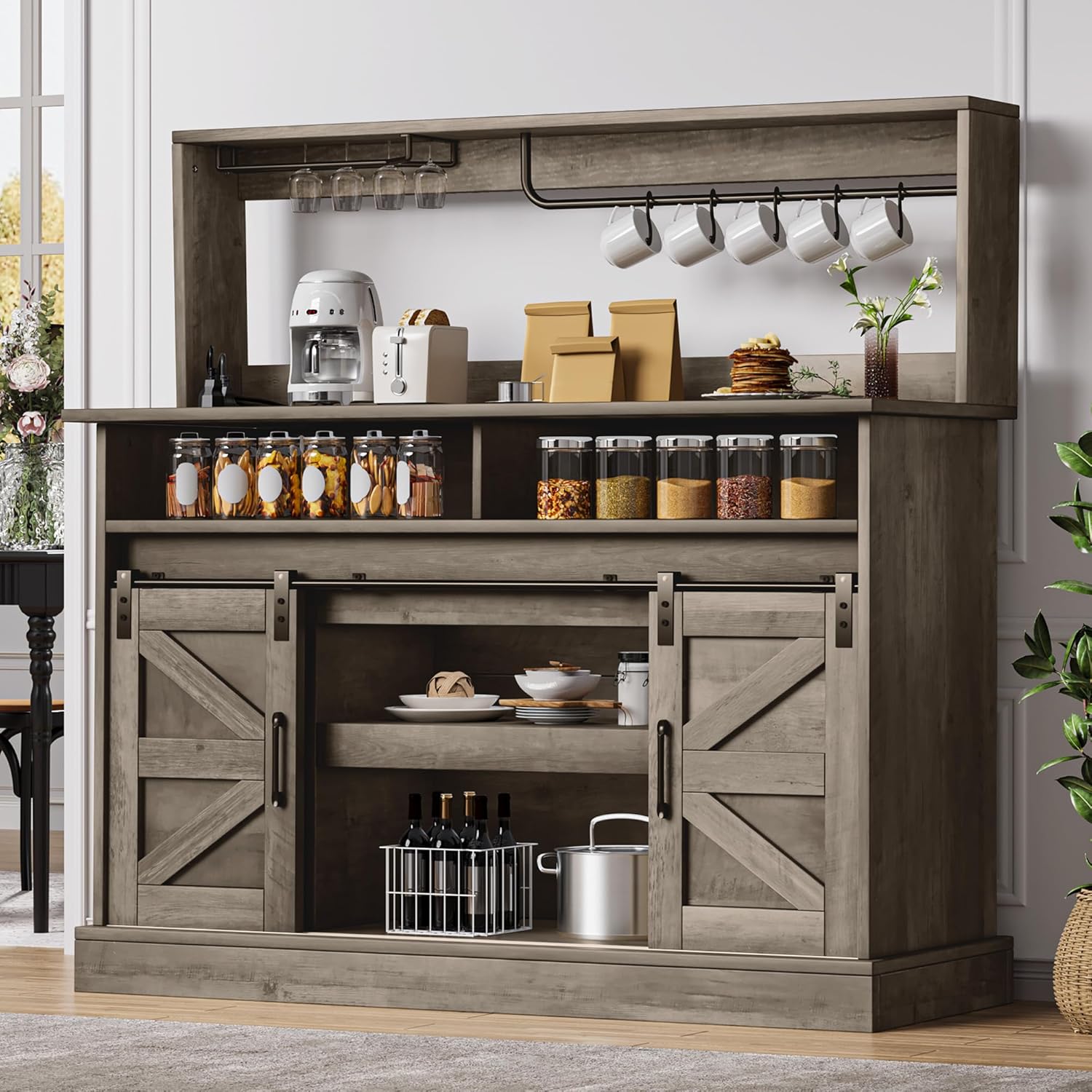 DWVO Farmhouse Buffet Cabinets, 52" Coffee Bar with Goblet Holder & Power Outlet, Sliding Barn Door Sideboard Cabinet for Kitchen & Living Room Storage(Rustic Grey Oak)