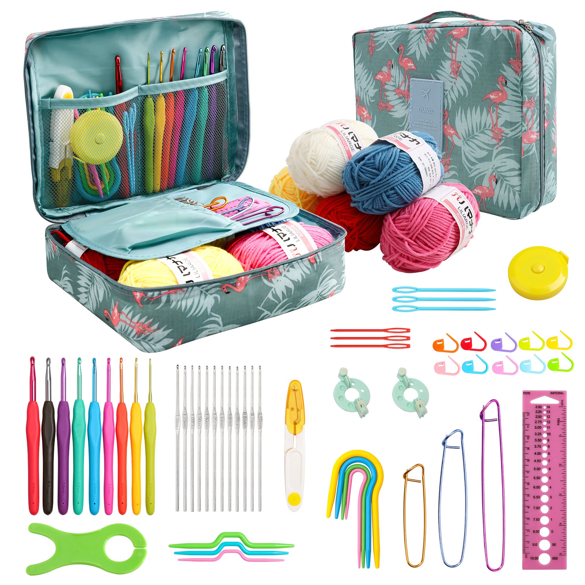 JOZEA 58pcs Crochet Kits, Including 9 Pieces of Crochet Hooks, Yarn and Storage Case, Crochet Hooks Set