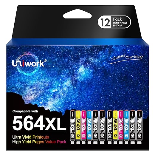 Uniwork Compatible Ink Cartridge Replacement for HP 564 564XL for Photosmart 7525 7520 7510 C309a C310a B8550 D5460 C6350 D7560 Printer (4BK/2PB/2C/2M/2Y), 12 Packs