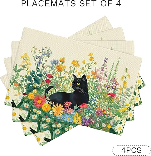 Miniatura 9 de Juego de 4 manteles individuales de tela lavables para mesa de comedor con diseño de gato negro, decoración floral para cocina y comedor para