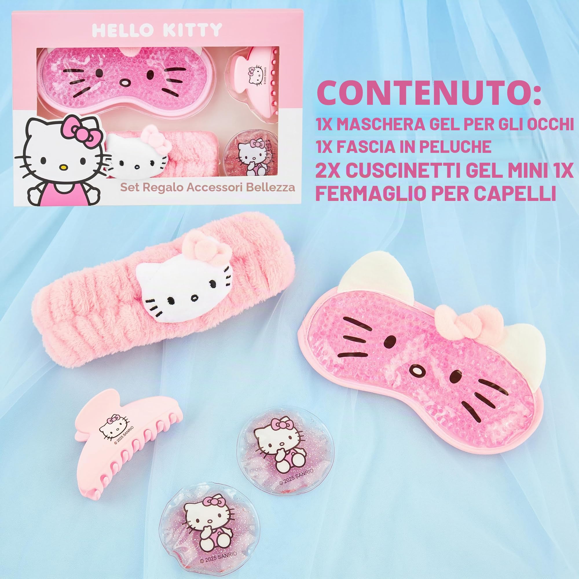 Hello Kitty Sanrio Maschera Occhi Gel Freddo Set Beauty Accessori, Kawaii Fermagli Capelli Fascia Capelli, Coccole Anime Regalo Donna Adolescenti (Rosa Hello Kitty)