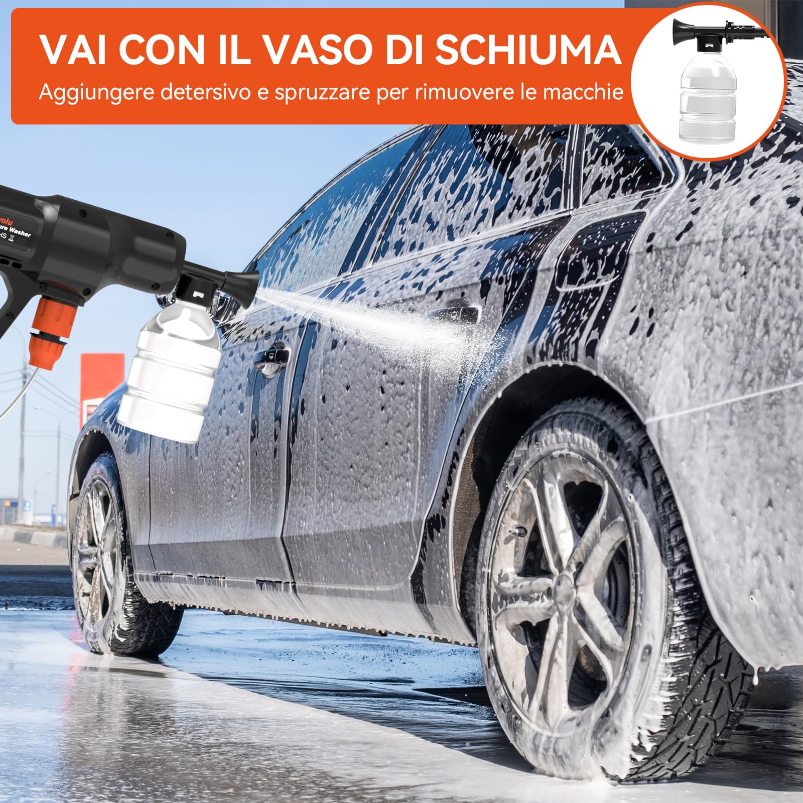 Idropulitrice Portatile, Bravolu Max 500 PSI Idropulitrice a Batteria con Accessori, Lidropulitrice Portatile a Batteria con ugello Multifunzione, Tubo da 5m, Ideale per Auto Casa Giardino
