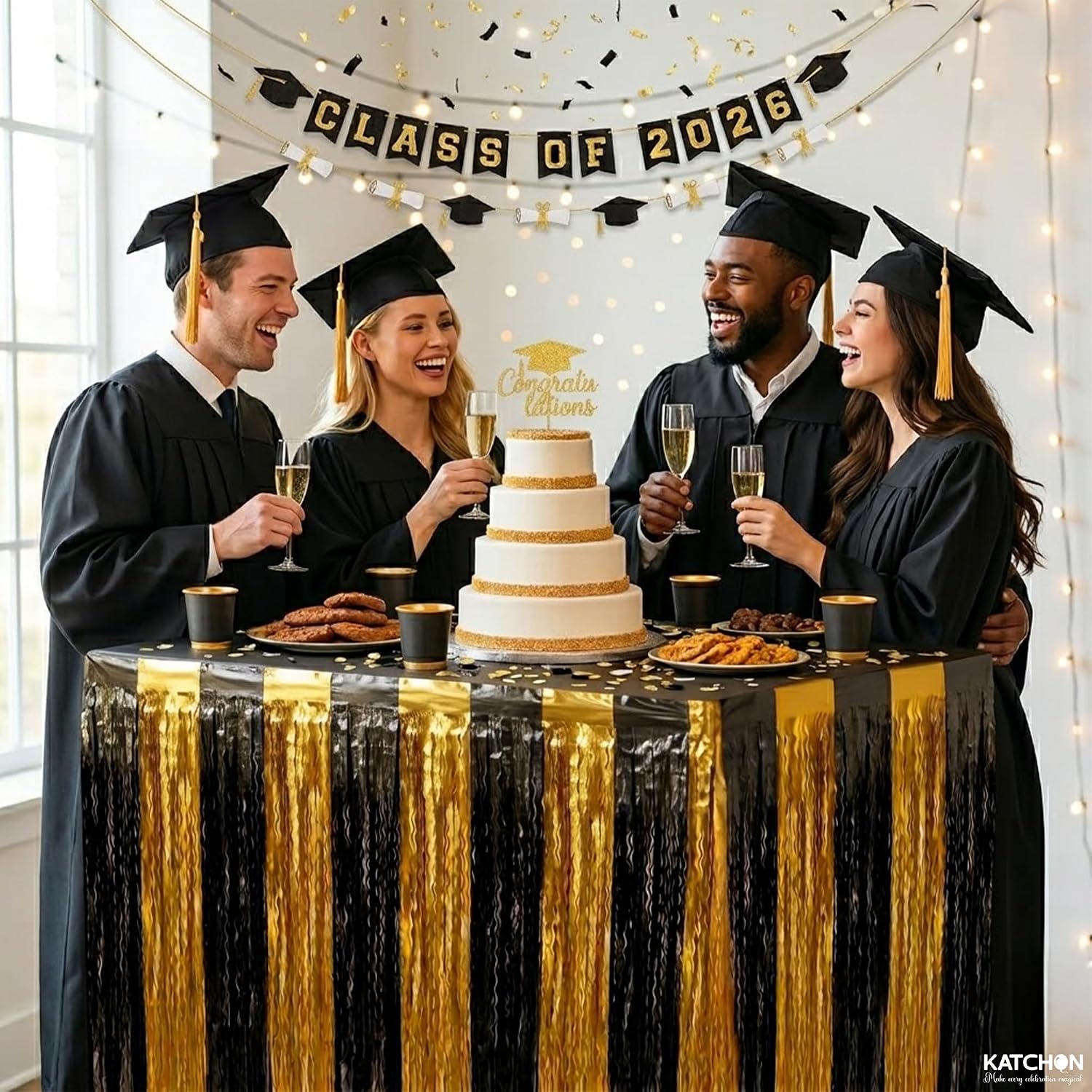 KatchOn, Black and Gold Table Fringe – Pack of 2 | Black and Gold Party Decorations | Tinsel Table Skirt Streamers for Graduation Decorations 2026, Birthday, Bachelorette Party