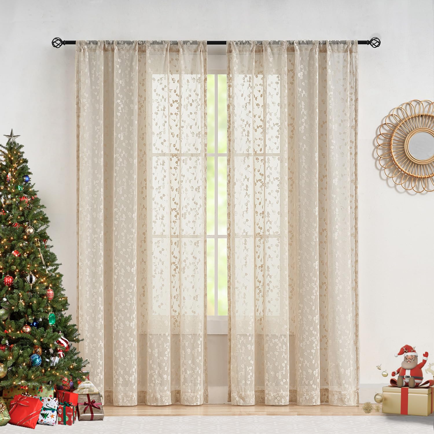 JubilantexBeige Sheer Curtain Leaf Pattern Voile Drapes 95 Inch for Living Room, Rod Pocket Buds Lace Textured Window Curtains Drapery 2 Panels for Bedroom Dining Room